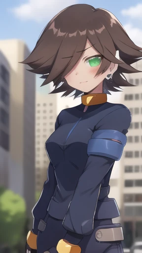 Aile_megamanzx, 1 girl, looking at viewer, Brown hair, green eyes ,City background , Blushed,