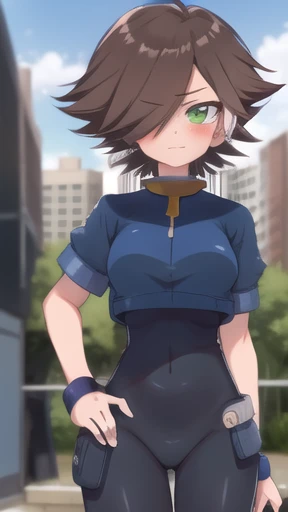 Aile_megamanzx, 1 girl, looking at viewer, Brown hair, green eyes ,City background , Blushed,