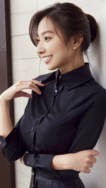 company employee、(Body turned to the side、Shooting from the side、Looking to the side,Shooting from the side:1.6),Not looking here、(General shirt、Wearing a white blouse、Wearing a typical business suit),(The gap in her blouse is slightly open,Only the fourth button is open、The button is closed、Chest visible through the gap in the button、The edge of the bra is visible through the gap between the buttons.:1.5),Mid-chest、slender、ponytail、Black Hair、Beauty、23 years old、cute、smile、(Long shirt:1.8),Tuck the shirt into the skirt、Cleavage