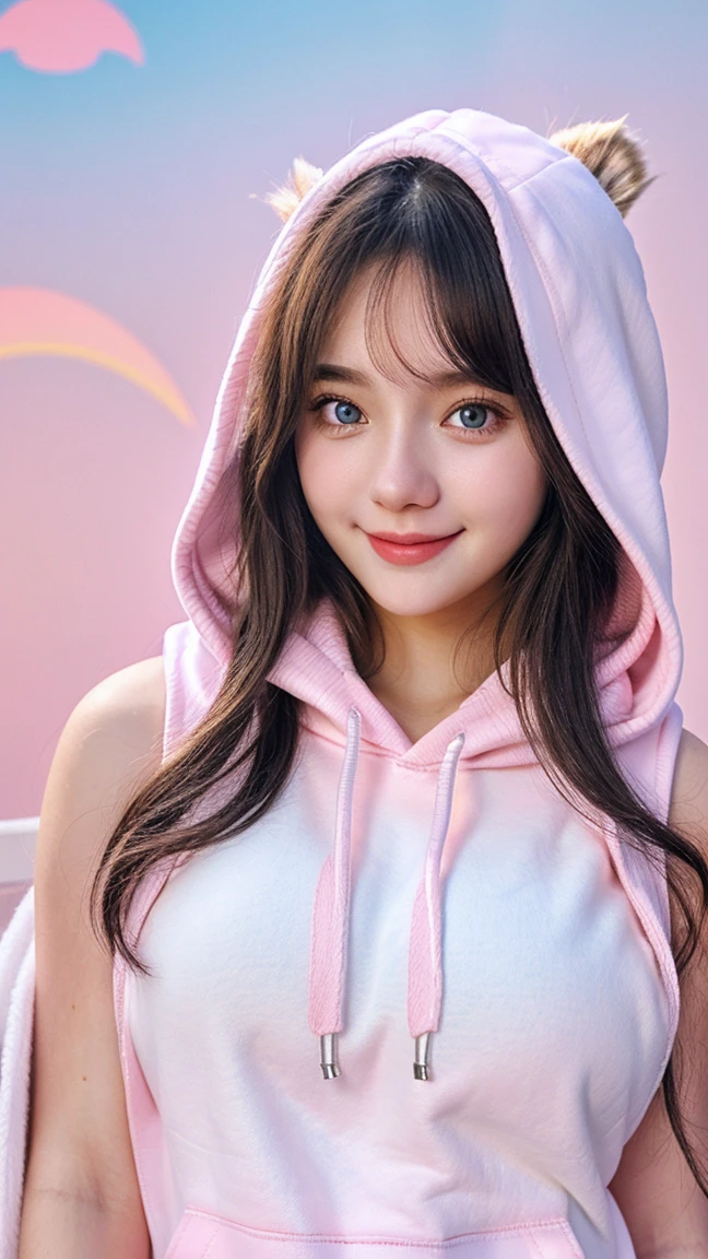 Gorgeus Girl, Beautiful, Baby Face, 20 Years Old, White Skin, Colossal Breasts, Side Pose, ((pink hoodie sleeveless)), Pastel Colour, Blue Eye, Halloween Background, Masterpiece, silver messy long Hair, Sleeveless, beautiful smile 