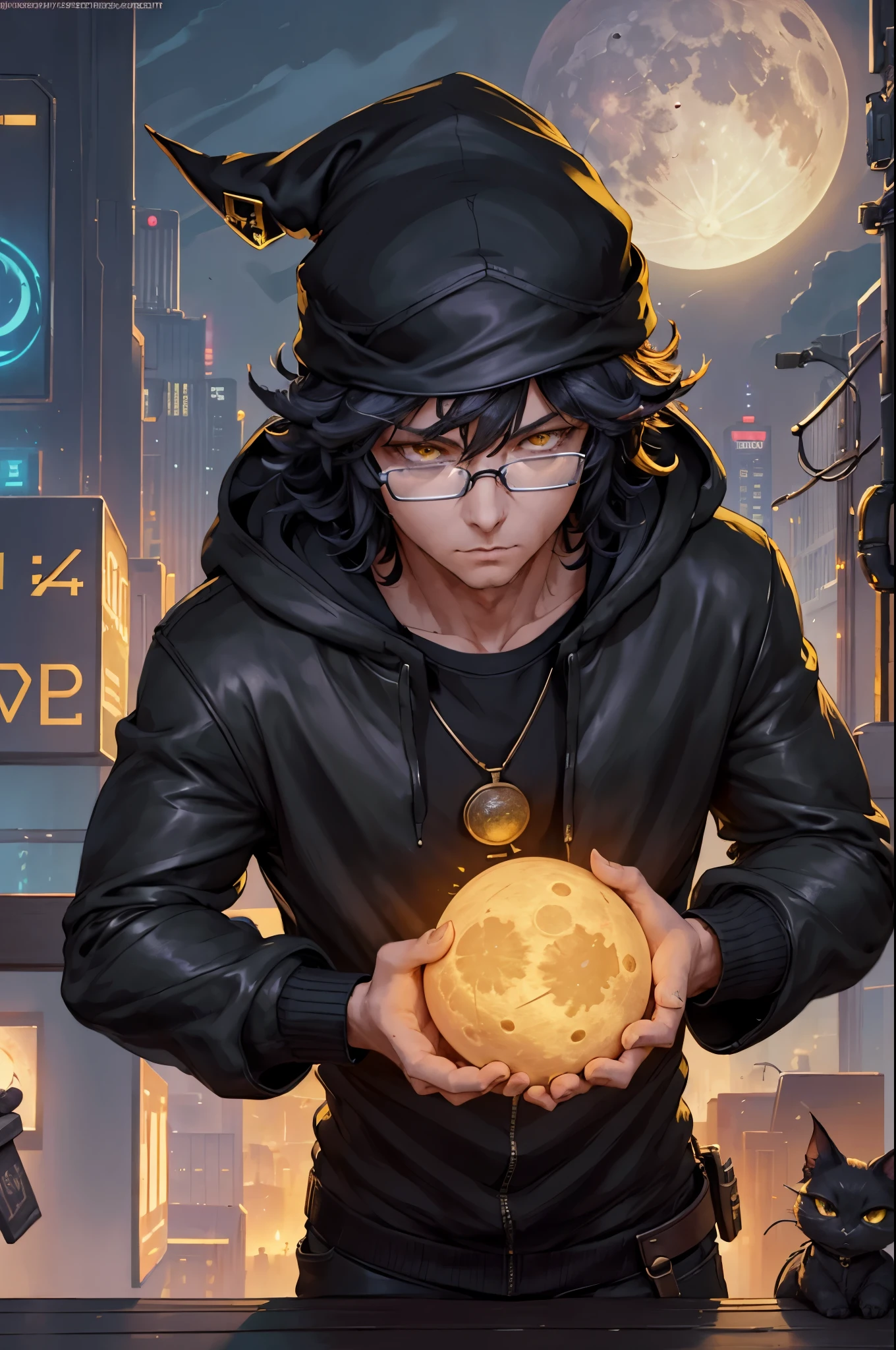 Quality 4k, Solo, Detailed Face, Detailed Eyes Adult Male, Young Adult Male, Male, Goblin, Short, (Wizard Hat), Yellow Moon Decal, Shadow Cat Familiar, Glasses, (Black Poofy Hair), Bright Yellow Eyes, Shop Owner, (Cybernetic Enhancement parts), Cyberpunk Setting, Shop Background, Night time