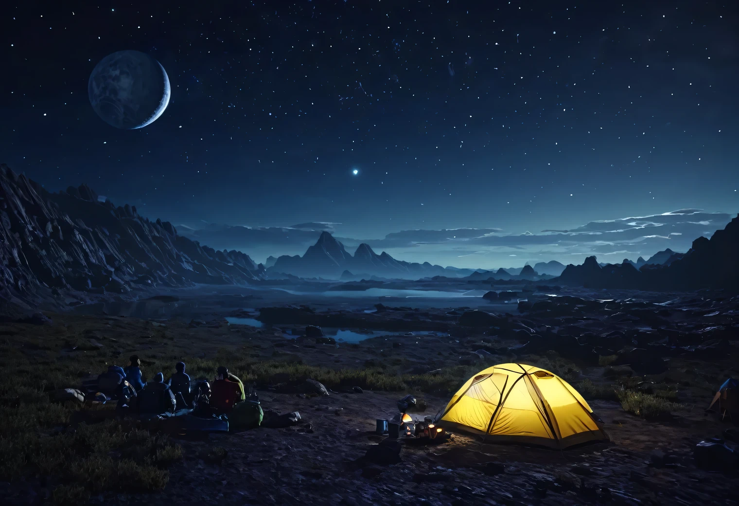 Outdoor Camping, night, alien planet, alien fauna, alien technology, alien planets and unknown constellations in the night sky, fantastic Outdoor Camping on an alien planet, cinematic frame, extremely detailed, extremely extended, hyperactive, hyper-accurate