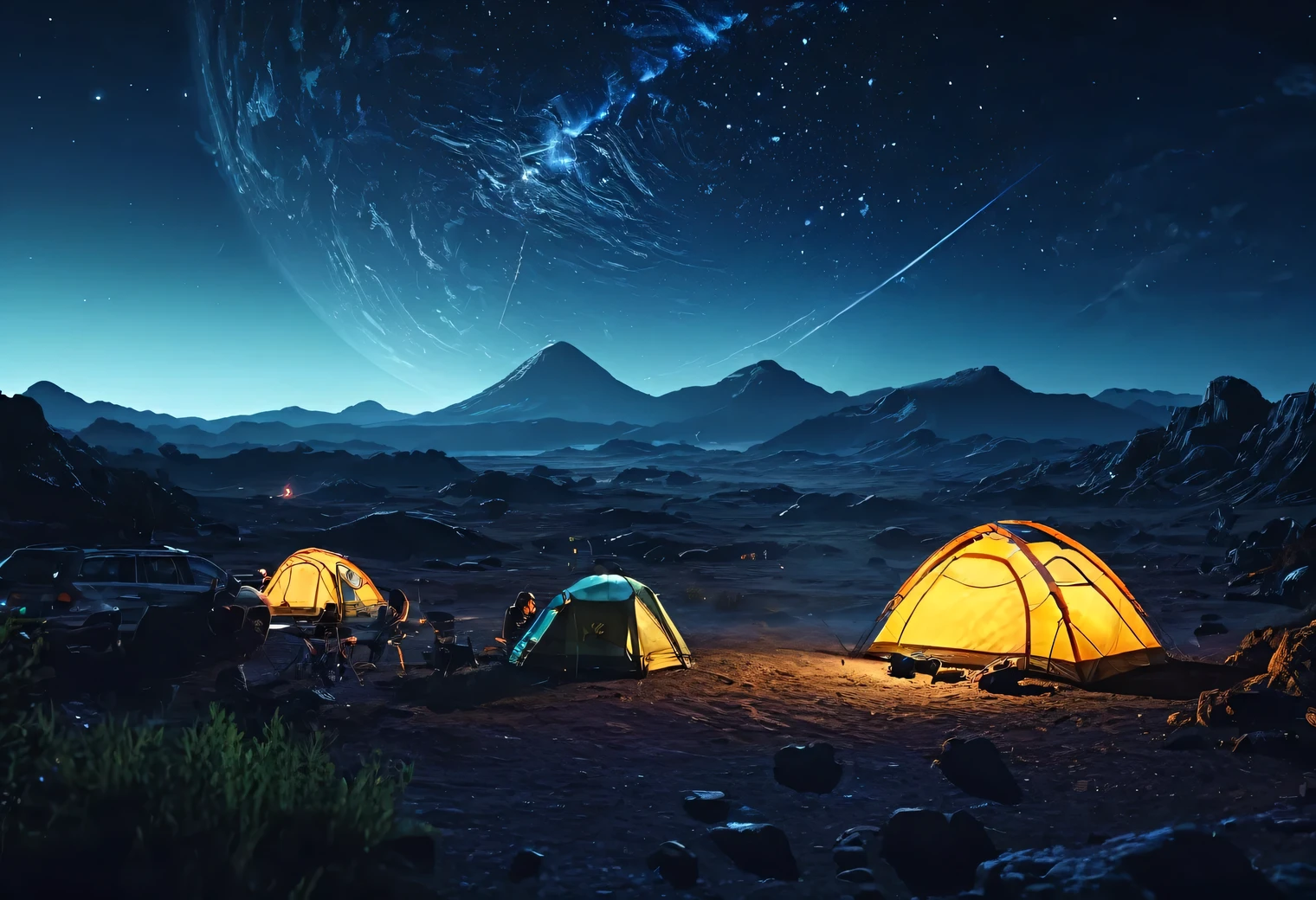 Outdoor Camping, night, alien planet, alien fauna, alien technology, alien planets and unknown constellations in the night sky, fantastic Outdoor Camping on an alien planet, cinematic frame, extremely detailed, extremely extended, hyperactive, hyper-accurate, (classic anime style)