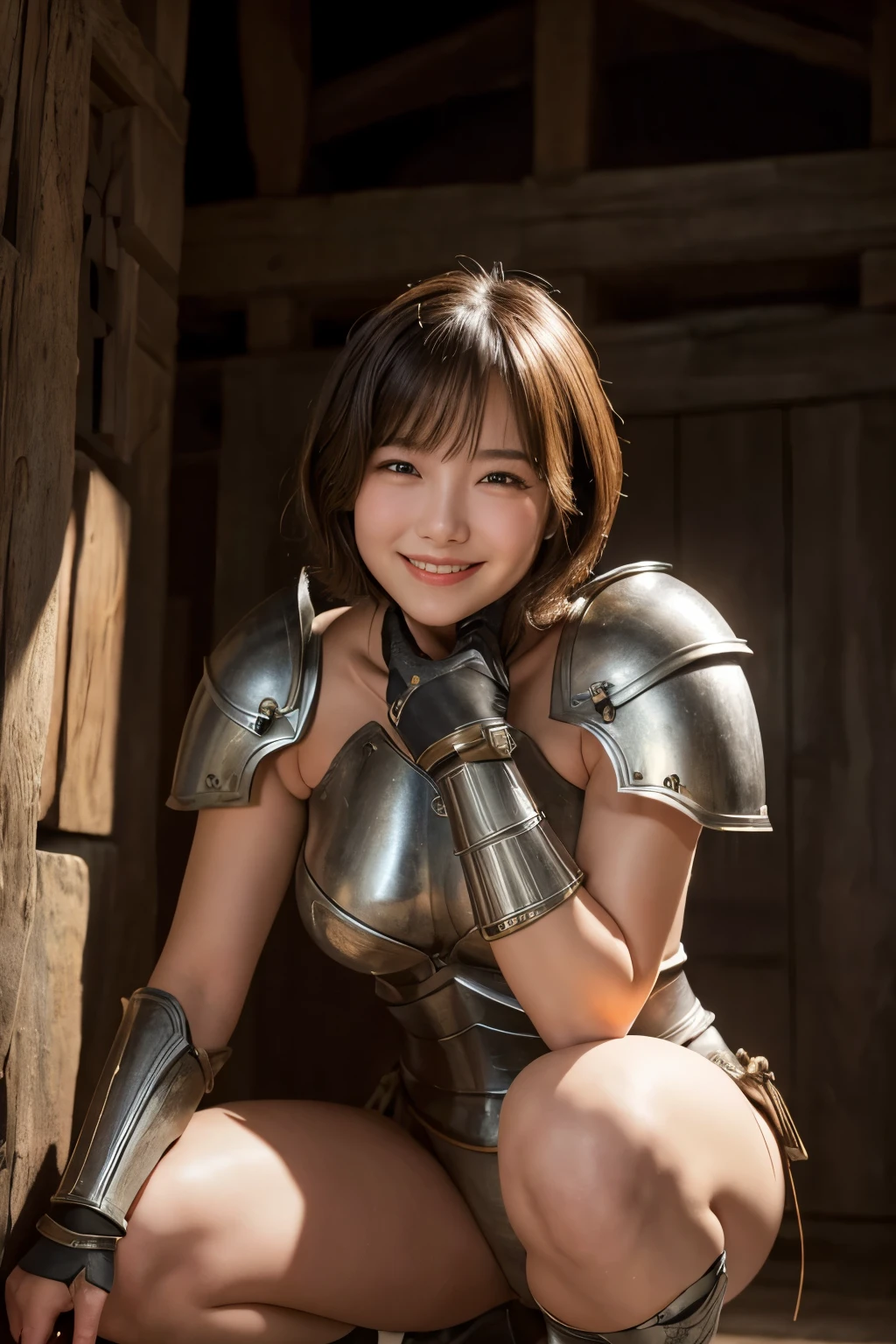 highest quality, masterpiece, Ultra-high resolution, (Reality: 1.4), Original photo, 1 woman, mature, happy smile, short hair, plump body, , Cinema Lighting, from below,Medieval warrior、Armor with an open chest、Wide-open legs、Shameful pose、squatting