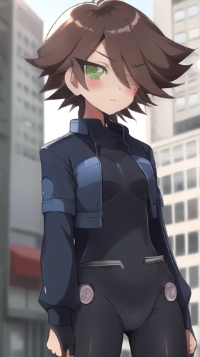 Aile_megamanzx, 1 girl, looking at viewer, Brown hair, green eyes ,City background , Blushed,