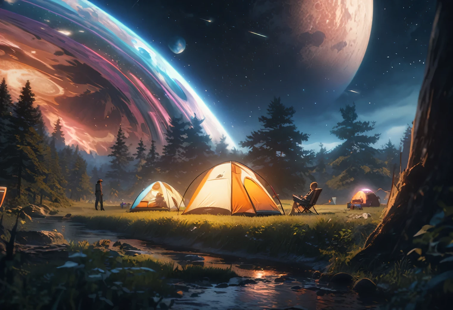 Outdoor Camping, night, alien planet, alien fauna, alien technology, alien planets and unknown constellations in the night sky, fantastic Outdoor Camping on an alien planet, cinematic frame, extremely detailed, extremely extended, hyperactive, hyper-accurate, (classic anime style)