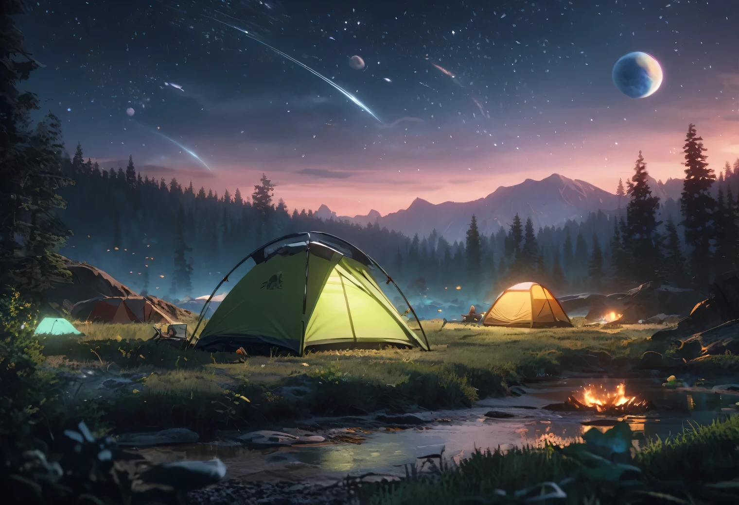 Outdoor Camping, night, alien planet, alien fauna, alien technology, alien planets and unknown constellations in the night sky, fantastic Outdoor Camping on an alien planet, cinematic frame, extremely detailed, extremely extended, hyperactive, hyper-accurate, (classic anime style)