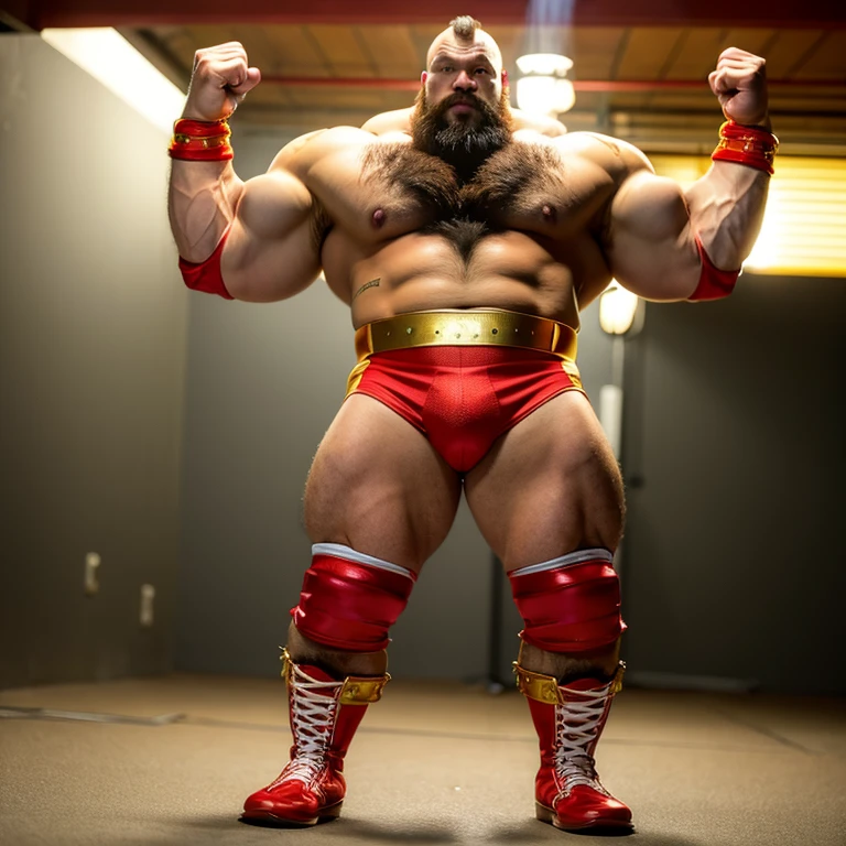 zangief,a man with a beard and a golden belt, fighting game character, street fighter 5,muscled humanoid,heavy looking,buff man,wrestler,Red short briefs,capcom,street fighter,shirtless,muscular male,chest hair,visually weighty,bearded man,mohawk hair,no wristband,Red Wrestling Boots((best quality)), ((masterpiece)), (detailed), perfect face