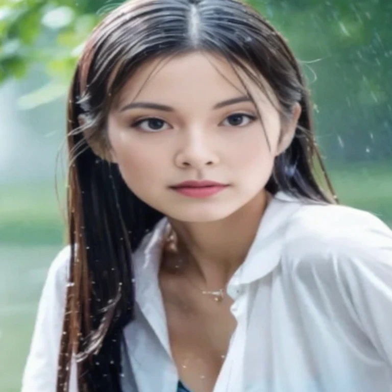 A woman with long hair and a white shirt is standing in the rain., Gorgeous Chinese model, Chinese girl, Chinese woman, a young asian woman, Yun Ling, Xindong Chen, asian woman, young asian girl, rain picture, young asian woman, Wen Fei Ye, Cute young man with a sweet Asian face, Bien Luan, Nan Li Song, lovely young woman