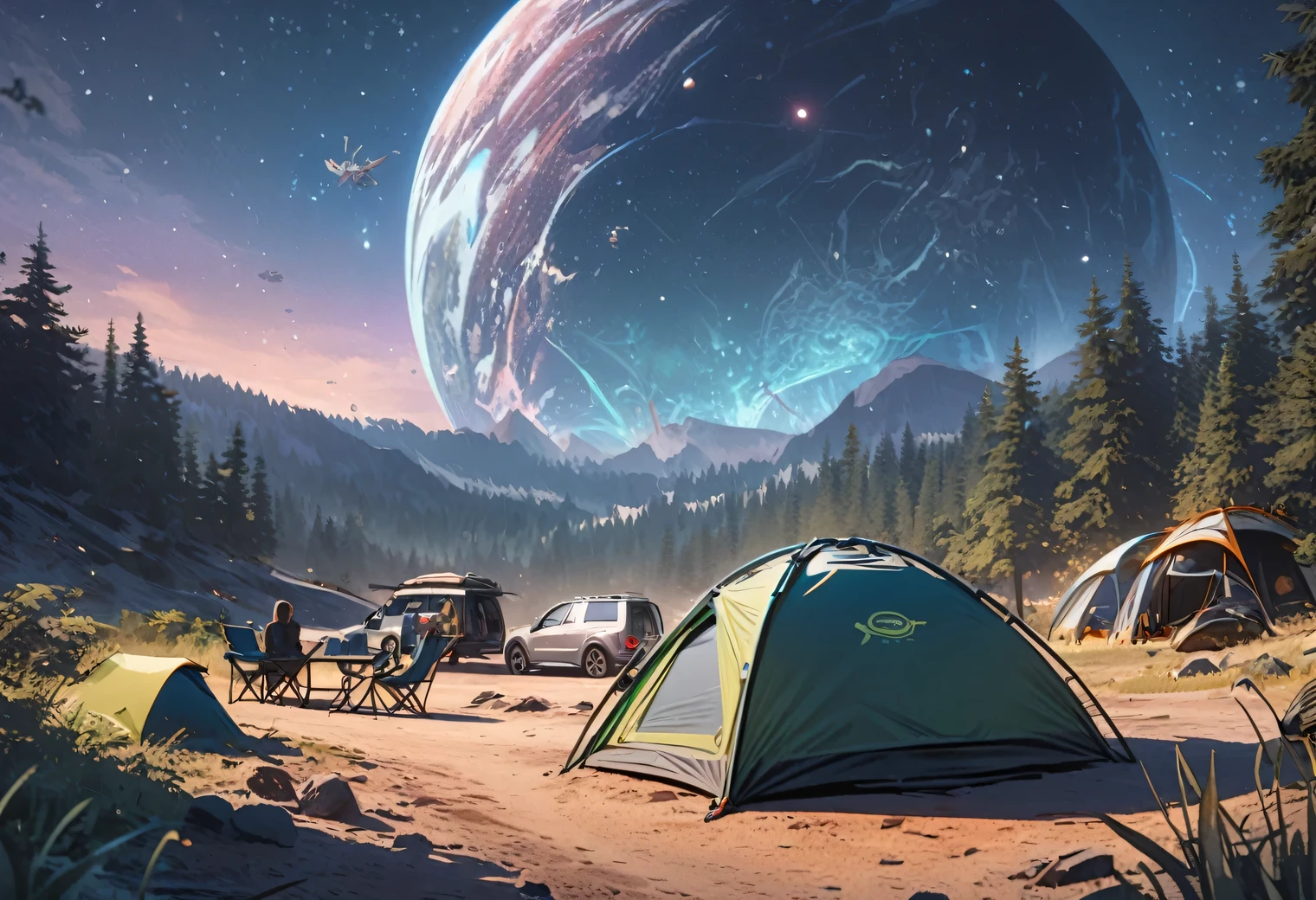 Outdoor Camping, night, alien planet, alien fauna, alien technology, alien planets and unknown constellations in the night sky, fantastic Outdoor Camping on an alien planet, cinematic frame, extremely detailed, extremely extended, hyperactive, hyper-accurate, (hand-drawn cartoon style)