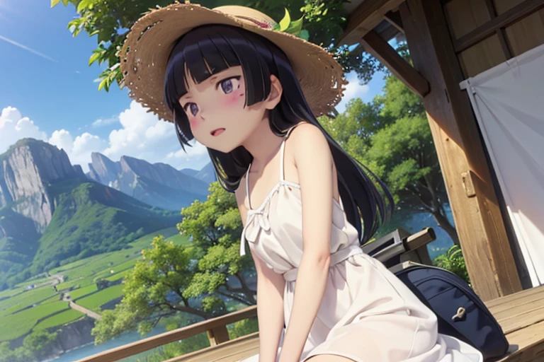 ((ruri gokou)), long hair, blush, black hair, 1girl, pants, mole, mole under eye, (Straw hat), Awning hat, (sundress), dress, (white dress), Outdoor, camp, Beautiful Mountain々, background, The set up tent, clear々A beautiful morning, Light shines in, In front of the tent, coffee, Have fun, landscape, nature, quiet, picnic, Relaxation, refreshing, early morning, Calm, scenery, relax, fresh, Morning, Sunrise, hiking, Adventure, blue sky, fresh air, Journey, Majestic, Lush