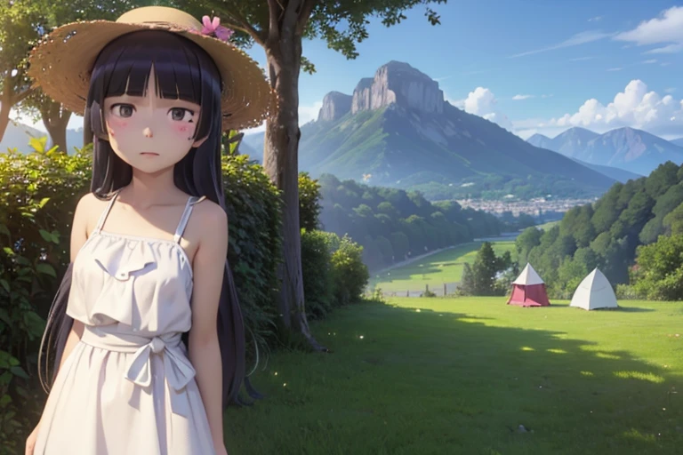 ((ruri gokou)), long hair, blush, black hair, 1girl, pants, mole, mole under eye, (Straw hat), Awning hat, (sundress), dress, (white dress), Outdoor, camp, Beautiful Mountain々, background, The set up tent, clear々A beautiful morning, Light shines in, In front of the tent, coffee, Have fun, landscape, nature, quiet, picnic, Relaxation, refreshing, early morning, Calm, scenery, relax, fresh, Morning, Sunrise, hiking, Adventure, blue sky, fresh air, Journey, Majestic, Lush
