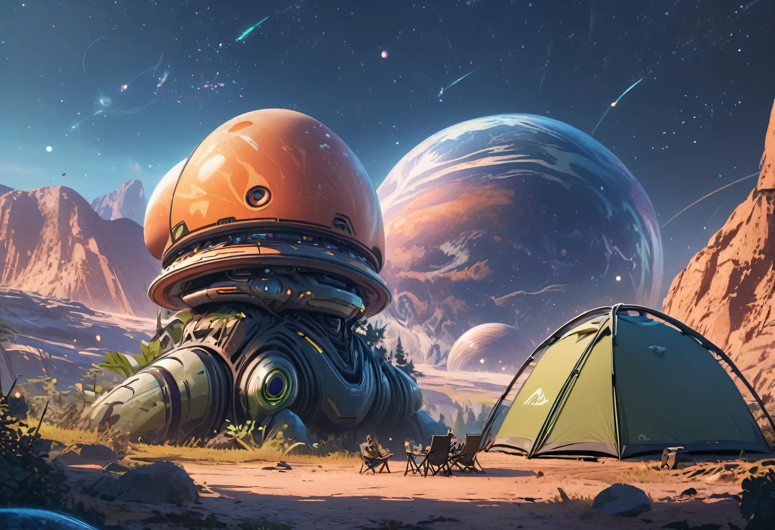 Outdoor Camping, night, alien planet, alien fauna, alien technology, alien planets and unknown constellations in the night sky, fantastic Outdoor Camping on an alien planet, cinematic frame, extremely detailed, extremely extended, hyperactive, hyper-accurate, (hand-drawn cartoon style)