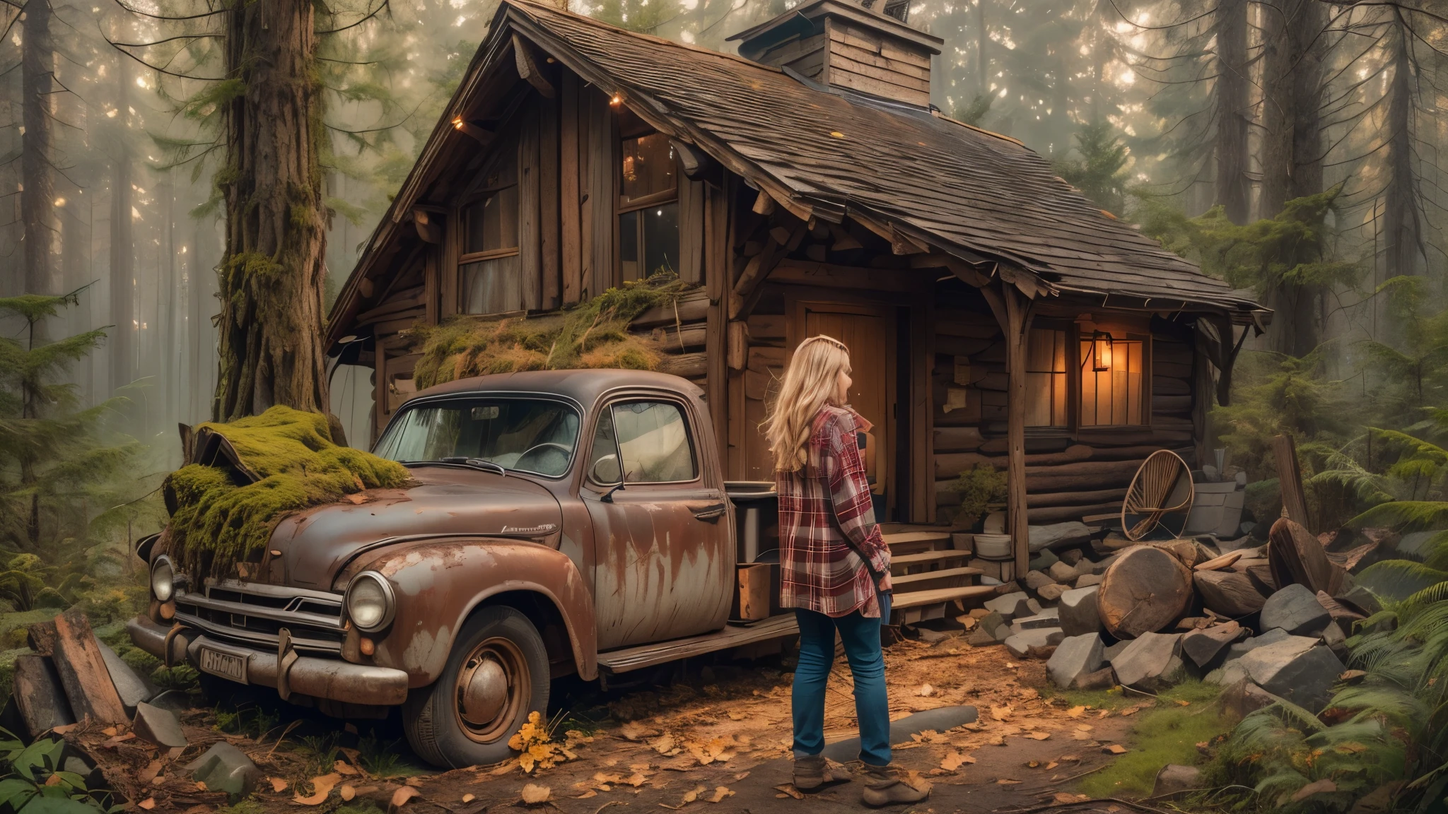 cabin in the woods, front porch, wood pile, rusty truck on cinderblocks, woodburning stove, dense trees, dark woods, large oak trees, moss, (Beautiful woman, plaid long-sleeved flannel shirt, long wavy blonde hair, detailed hands, detailed eyes), 