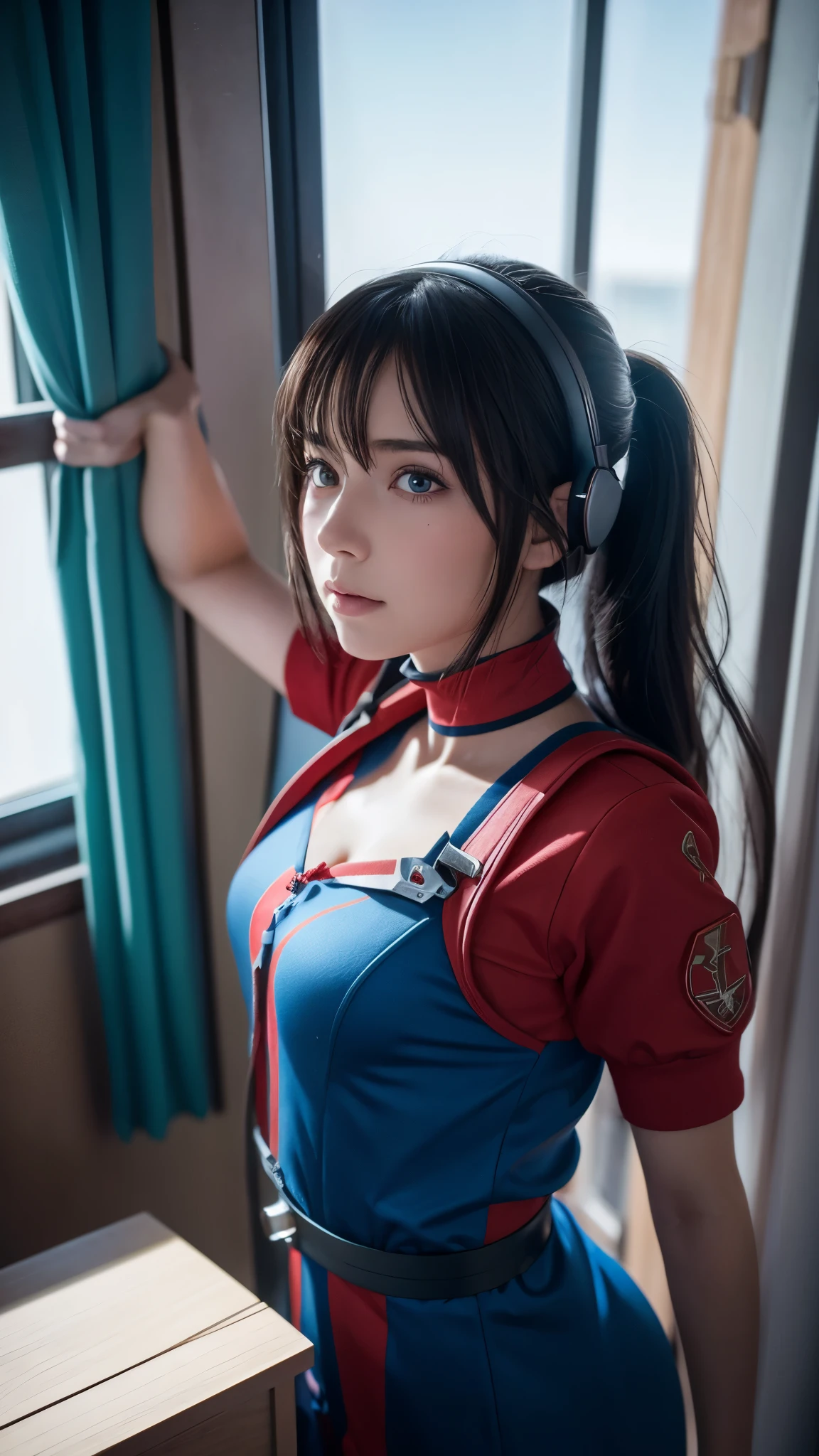 Image of Arafet, a girl in a red and blue outfit, looking out a window, Vojtek Fuss, Lostrun 8k, cgsociety 8 k, cgsociety 8k, cgsociety 8k, Realistic Anime 3D Style, Artjam and Athi Gairan, Ilya Kuvshinov. 4k yen, Movie CG Association, cgsociety Inspiration