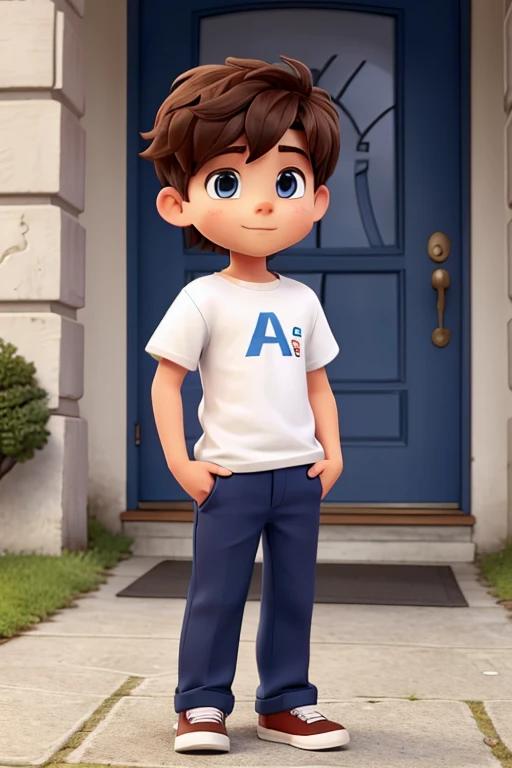 Please make the boy wearing a white t-shirt on his t-shirt have the letter "A" wearing trousers the boy standing on the sidewalk