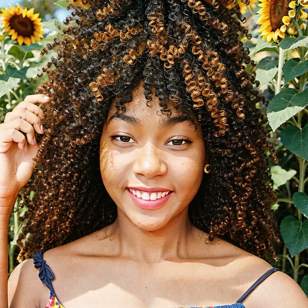 close-up, 20yo dark-skinned girl (curly afro black hair, brown eyes), detailed skin, wearing a floral detailed dress, in a sunflower garden, looking at viewer, UHD, photorealistic, realistic, 8K, 16K, masterpiece, studio lighting, professional photograph,