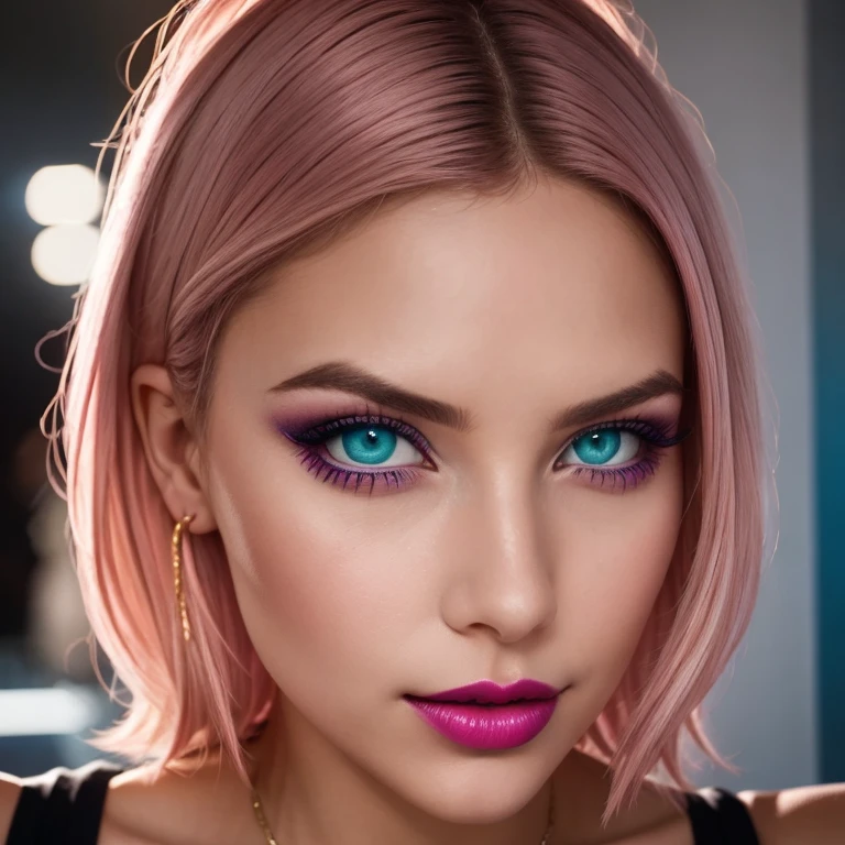 (Best quality, 8k, 32k, masterpiece, UHD: 1.2), ,1girl, solo, This portrait depicts a young woman with, superimposed pink hairs. She wears a light-colored top and has her lips painted in a bright pink lipstick....... Her emerald blue eyes are framed by dark eyeliner and mascara, while his eyebrows have been cared for to perfection. The woman looks directly at the camera with an intense gaze, smiling, teasing minx, alluring expression, prise de photo frontal, comme si elle prenait un selfie. Son cou et sa gorge sont visibles sur la photo, adding to the overall effect of this stunning portrait. The background of the image is white, allowing all attention to be focused on the subject of this photograph - the beautiful young woman who looks confident and poised despite the fact that she was captured on film. This photo could easily be used for fashion or beauty magazines because of its high-quality composition and lighting that perfectly highlights every detail of her face.....,portant un crop top sans bretelles noir et un jean bleu. Elle se tient devant un mur blanc, Posing for the camera.