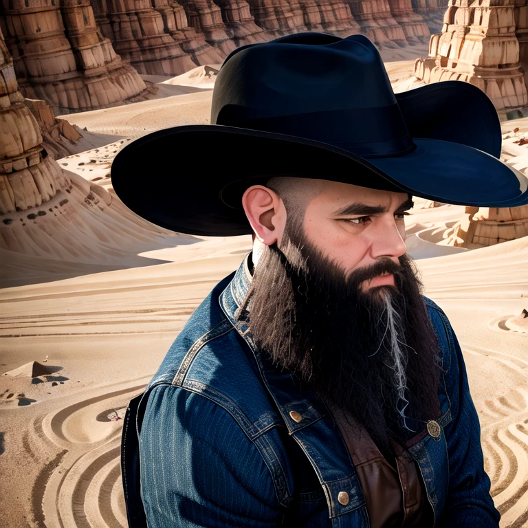 (masterpiece), (best quality), (wanostyle), (solo), (1 person)(portrait), (solo portrait), (black cowboy hat), (full beards), (black trench coat),(cowboy jackets), (desert canyon top), (leather stripe on chest), (closed mouth), (from side), (heads down), (contemplating),