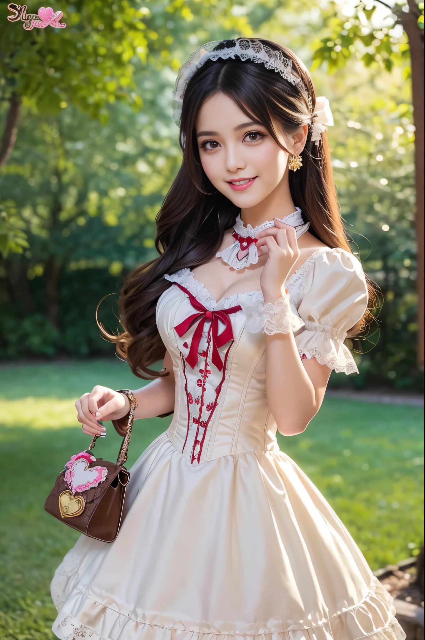 sexy stylish Spanish model, only 1 female, ((doll-like appearance)), ((very detailed Victorian-Style boots)), (happy smile), very detailed eyes, vivid eye makeup, lipgloss, long lashes, defined eyebrows, ((sexy Paradise Kiss cosplay)), bell-shaped skirt, petticoats, high neckline, puffed sleeves, ((very detailed lace)), ((very detailed embroidery)), intricate details, Paradise Kiss accessoires and matching headpiece, Paradise Kiss choker, ((large sparkling Paradise Kiss jewelry)), cinematic light, detailed large park background with trees