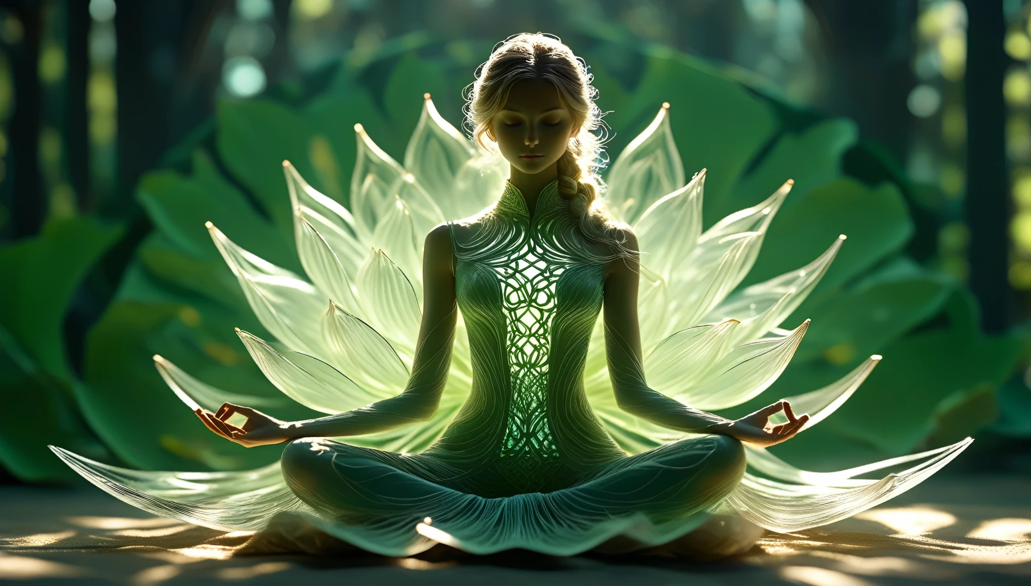 high resolution meditation, Ultra Detailed, (1 girl:1.3),(lotus),golden,BREAK Sunlight, reverberation, Experimental photography, Surreal contrasts, Eye-Catching Visuals, Artistic abstraction,
Break the art of cutting, layered silhouette, complex pattern, exquisite craft, shadow play, Depth and size, creative expression,
break art, Frozen sculpture, translucent form, short-lived beauty, Crystal structure, exquisite craft, touching, lotus pose,
break green eye,body glow,Glowing Line,fluorescence,Glow Example,Tracking example,flash,萤light particles,Backlight,translucent,light particles