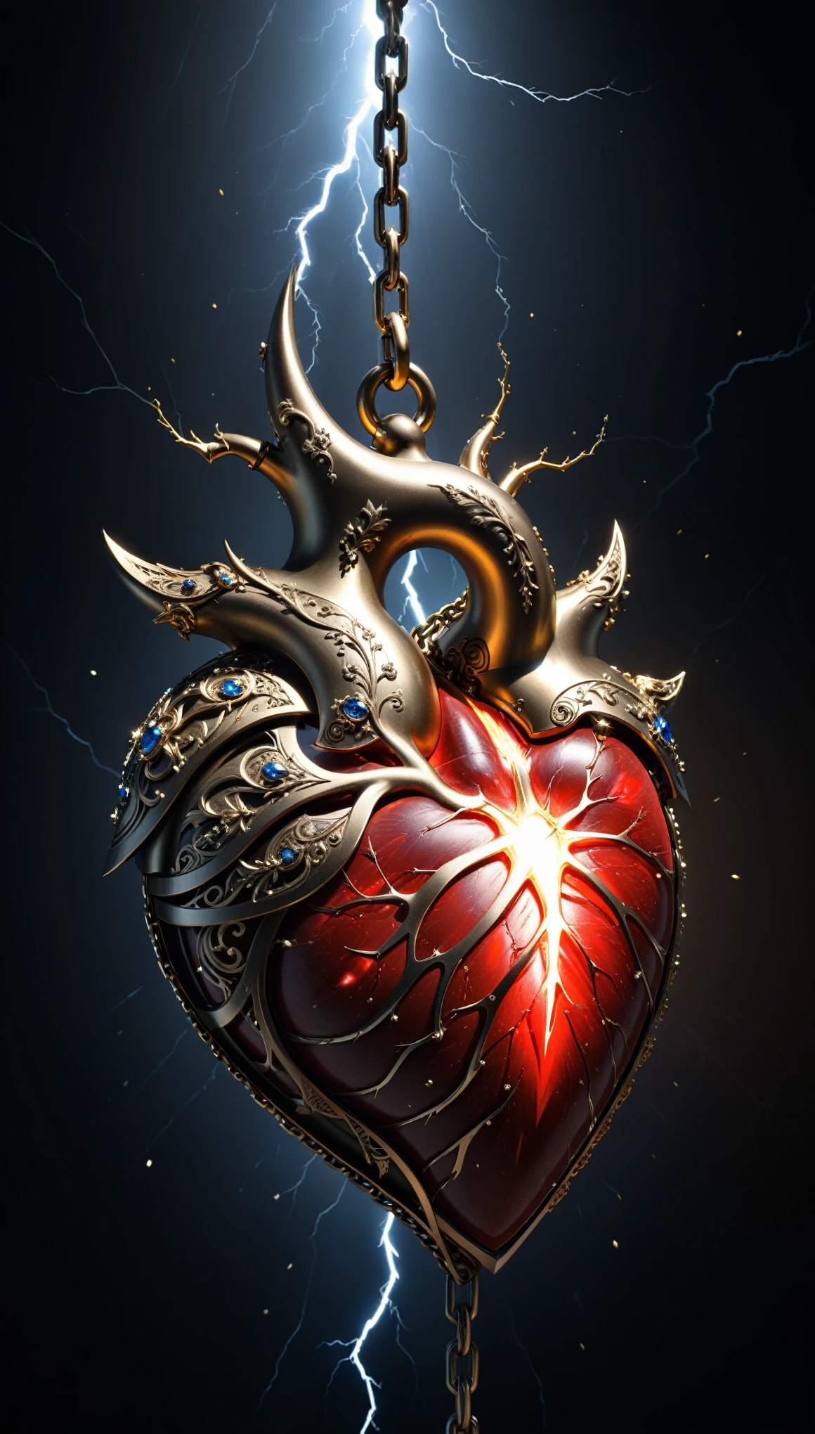 in style of John Bauer,in style of Karol Bak,
conceptual design of the human heart (organ),(a glowing glass heart (organ) entangle in a metal chain and lightning bolt:1.3),( lightning heart (organ) closeup:1.4),(lightning draws lines:1.6),
sharp,sharp image,(insanely detailed and intricate, hypermaximalist, elegant, ornate, hyper realistic, super detailed:1.1),extremely detailed,Amazing resolution,8k,Ray Tracing,masterpiece,Particle Effects,Beautiful Effects,
BREAK
(darkness:1.4),(extreme shadows:1.4),(Best Shadow:1.4),dark atmosphere,