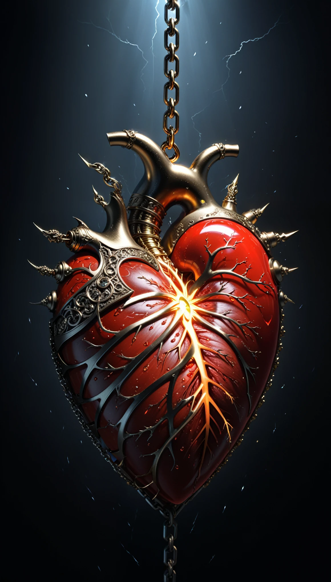 in style of John Bauer,in style of Karol Bak,
conceptual design of the human heart (organ),(a glowing glass heart (organ) entangle in a metal chain and lightning bolt:1.3),( lightning heart (organ) closeup:1.4),(lightning draws lines:1.6),
sharp,sharp image,(insanely detailed and intricate, hypermaximalist, elegant, ornate, hyper realistic, super detailed:1.1),extremely detailed,Amazing resolution,8k,Ray Tracing,masterpiece,Particle Effects,Beautiful Effects,
BREAK
(darkness:1.4),(extreme shadows:1.4),(Best Shadow:1.4),dark atmosphere,