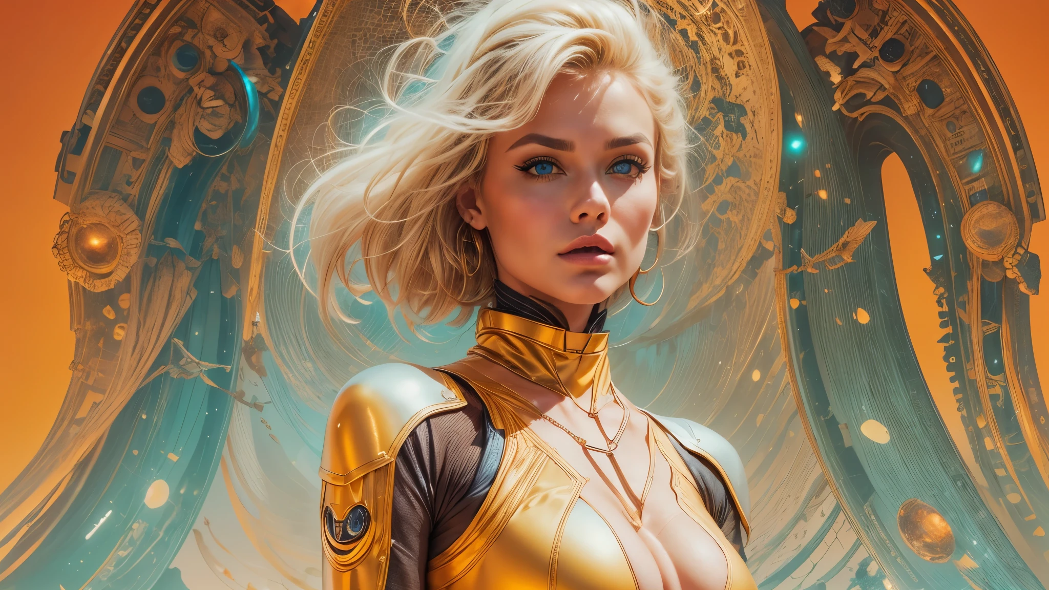 arafed image of a white woman in a futuristic suit with a spaceship in the background, movie art, in front of an orange background, inspired by Robert McGinnis, female protagonist, megastructure in the background, portrait of an ai astronaut, astronauts, an astronaut, portrait of a astronaut skeletor, perfect android girl, detailed eyes, perfectly detailed teeth, frank franzzeta and sakimichan  