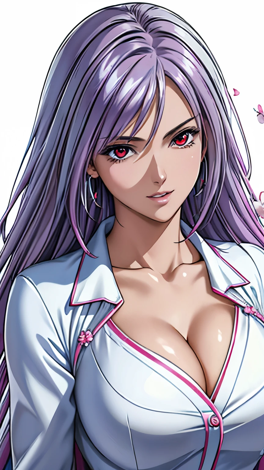 red eyes with slit pupils, (highest quality, masterpiece painting:1.3), immature woman, 16 years old, (half body shot), masterpiece, ultra high resolution, (Photoreal:1.0), ((light purple hair)),straight hair, beautiful shining hair, white and shining skin, ((Ultra realistic details)), octane rendering, highly detailed face, (big breasts:0.8), (make a heart with hands), （(Translucent white robe),  (pink feather robe,Layering), White cherry blossom embroidery pattern, silver earrings,（milky way galaxy), Hair flutters under the influence of the wind, open neckline, cleavage, perfect body, soft skin, White cherry blossom embroidery pattern, silver earrings, (pure white background:1.4), sharp focus, intricate details, professional artwork, (bright colors:1.1), bright colors, diffused lighting, digital blending, ultra-definition body, ultra detail hair, super detailed face, trending on pixiv, top button open, Cute gaze, compensate, perfect lips, perfect compensate, Ultra-precision coating, (light_smile:0.8),