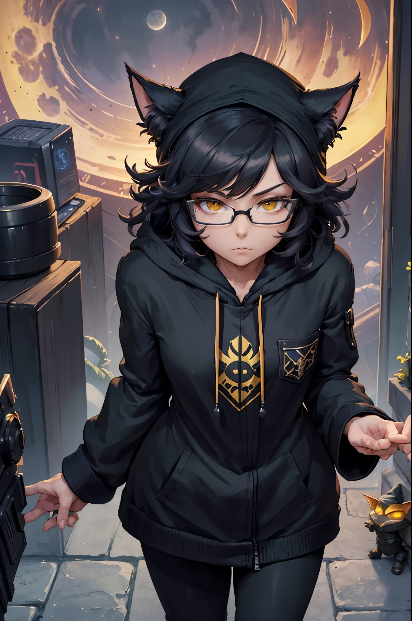 Quality 4k, Solo, Detailed Face, Detailed Eyes Adult Male, Young Adult Male, Male, Goblin, Short, (Wizard Hat), Yellow Moon Decal, Shadow Cat Familiar, Black Chibi Familiar, Glasses, (Black Poofy Hair), Bright Yellow Eyes, Shop Owner, (Cybernetic Enhancement parts), Cyberpunk Setting, Shop Background, Night time