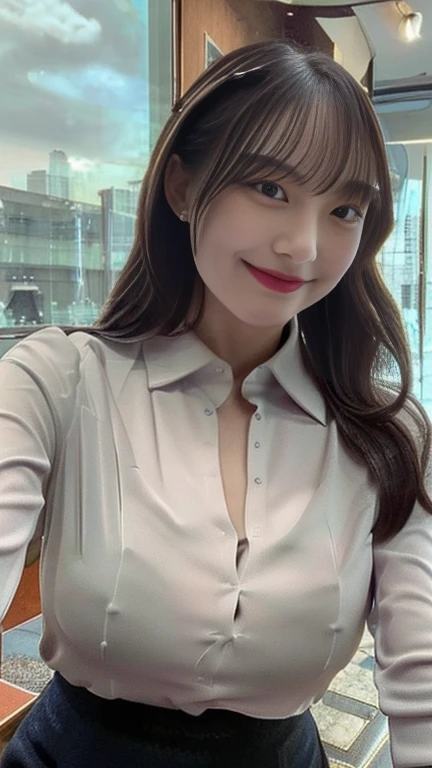 company employee、(Body turned to the side、Shooting from the side、Looking to the side,Shooting from the side:1.6),Not looking here、(General shirt、Wearing a white blouse、Wearing a typical business suit),(The gap in her blouse is slightly open,Only the fourth button is open、The button is closed、Chest visible through the gap in the button、The edge of the bra is visible through the gap between the buttons.:1.5),Mid-chest、slender、ponytail、Black Hair、Beauty、23 years old、cute、smile、(Long shirt:1.8),Tuck the shirt into the skirt、Cleavage