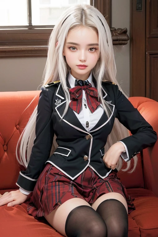 ((ultra realista)), ((imagem perfeita)), ((rosto perfeito)), ((ultra detalhado)), ((corpo inteiro)), a girl with white hair and golden eyes in uniform sitting on a sofa