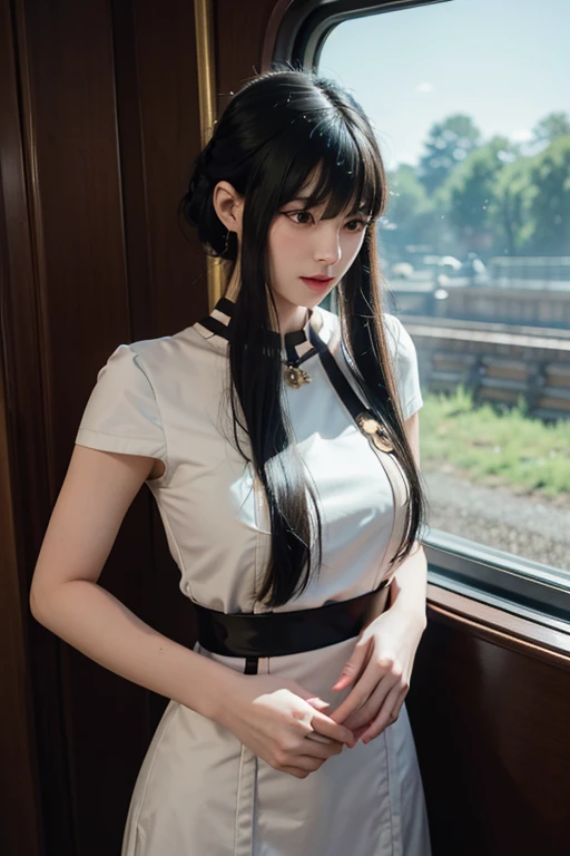 a beautiful anime girl gazing out of a train window, beautiful anime portrait, lofi portrait of a girl at a window, beautiful anime girl, lofi portrait, lofi girl, anime girl portrait, gweiyz style artwork, high quality portrait, sunset, charming anime girl, cute anime girl, realistic cute girl drawing, anime style, 8k, highly detailed, masterpiece, photorealistic, realistic lighting, intricate details, warm color palette, soft focus, elegant composition,1 beautiful woman, elegant pose, intricate details, highly detailed, masterpiece, unity 8k wallpaper, flat chest, full body, standing pose, white background, stunning, high quality, exquisite, photorealistic, hyper detailed, beautiful, dramatic lighting, cinematic composition, clean lines, elegant design, vibrant colors, soft focus, smooth skin, delicate features, ethereal atmosphere, cinematic lighting, balance and symmetry, complex textures, ornate details,a beautiful young girl with large, expressive eyes, delicate facial features, and fluffy chestnut hair posing confidently while wearing a Spy x Family Yol Forger costume, the image captured as a high-quality, realistic SLR photograph with exceptional detail, vivid colors, and perfect balance, showcasing the girl's striking beauty and the intricate costume design, the lighting and composition drawing the viewer's attention to the subject's captivating gaze.