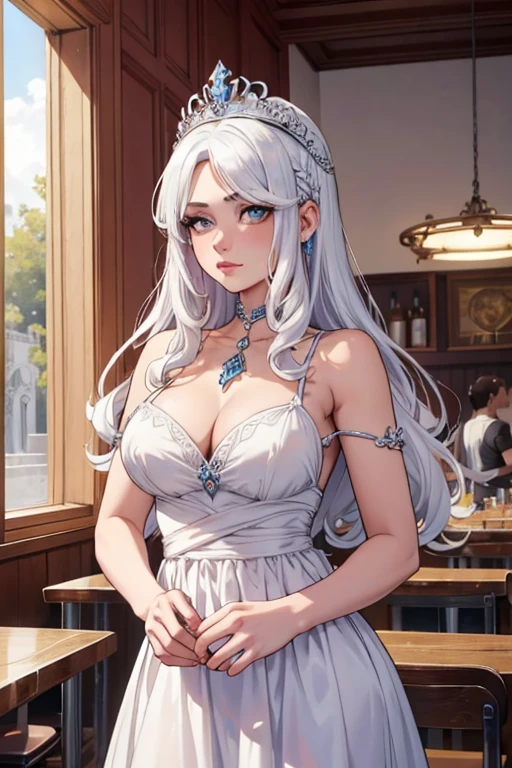 diosa griega mujer albina de cabello muy largo, sentada en una cafeteria elegante, ojos azules y pelo albino largo, diosa griega con ropa de diosa y corona de laureles en su cabeza