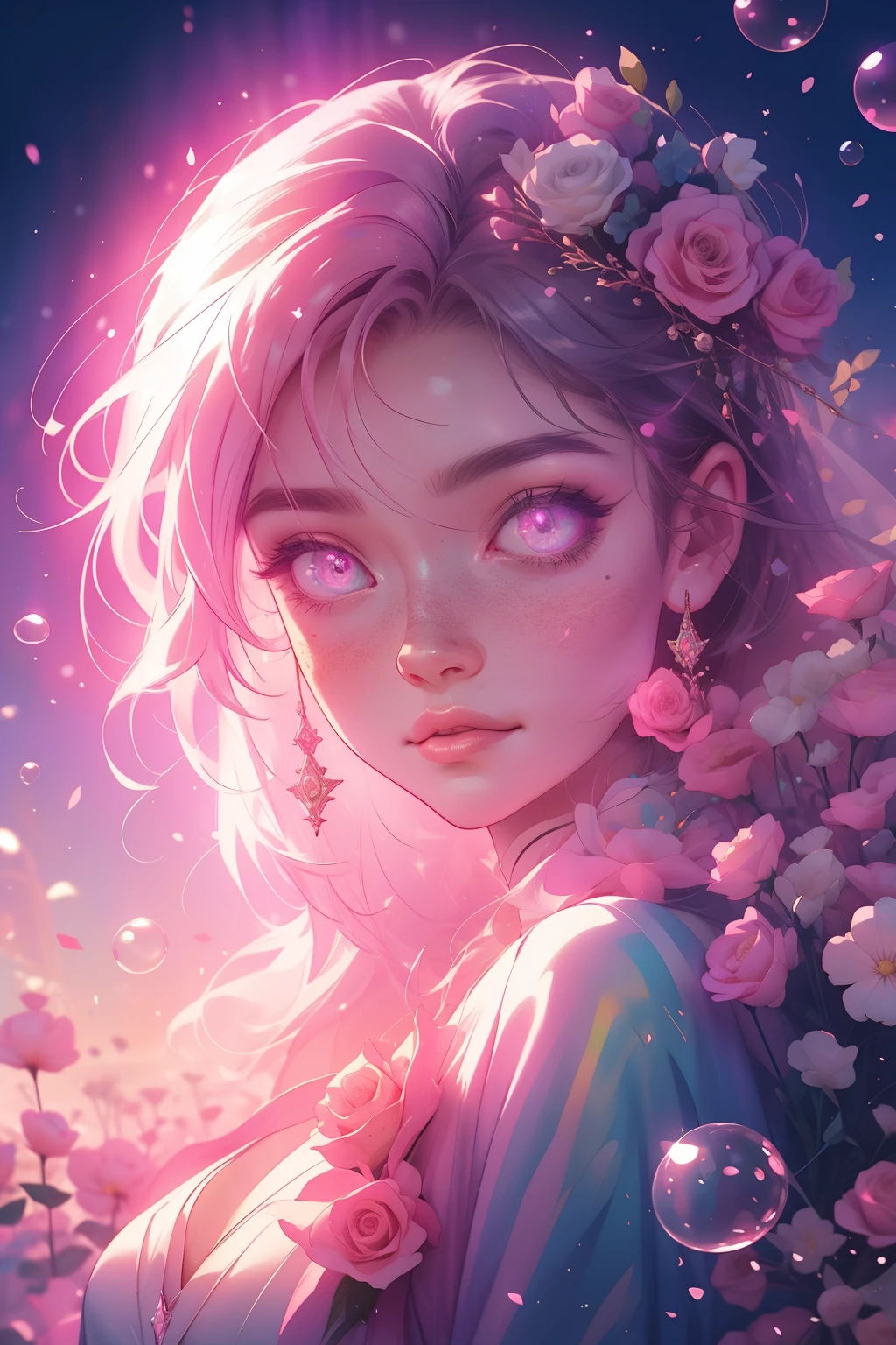 (This is a beautiful, intricate, (romatic) fantasy image that emphasizes beauty and grace.) Generate a blind curvy woman with soft natural freckles. Her face is important and should be (perfectly formed) with (beautiful puffy lips) and (perfect features). There is a cute freckle birthmark on her lip. The image exudes ethereal beauty and soft fantasy, with shimmering shades of pink throughout. Surround her with eternal roses in shimmering shades. Ensure perfection in her face, hair, and eyes. Include sweet and detailed birds and soft, luminous flowers and detailed roses. Utilize dynamic composition and dramatic lighting and cinematic lighting to create an interesting fantasy image. The background of the image is interesting and ultra-detailed, with soft fantasy lighting and gradients. Include fantasy details, cute aura, colorful, colourful, and interesting magical background. The image's background is decorated in shades of pink, shimmer, glitter, and fantasy details like colored bubbles and cosmos. Include subtle freckles, natural freckles and a diffused realistic skin tone. Incorporate elements of high fantasy, whimsy, and detailed elegance. English rose, princess, courtesan, noblewoman, sweet, lovely, calm, lovely, shimmering, glimmering, glittering, astrological fantasy, (((masterpiece))), (highest quality), magic rose, fantasy garden, beautiful face, perfect face, puffy lips, interesting, shy smile, fantasy elements, magic rose, beautiful eyes, perfect puffy lips, jewel tones, luminosity. Taken with a canon camera.