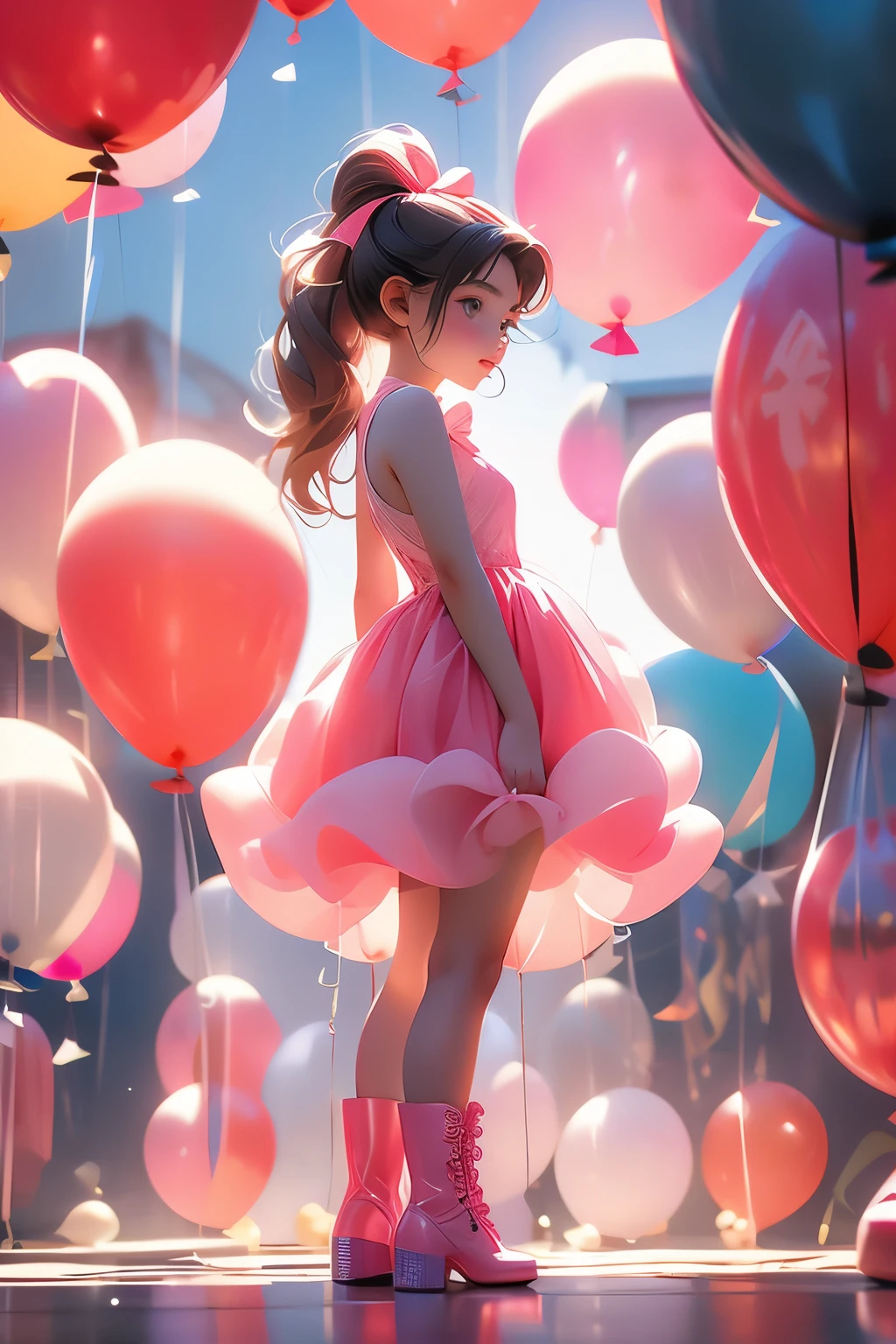 a 9  girl, (((full body))),  real photo, big hair ribbon,  pony tail, ((having balloons)),  pink rubber dress, boots, looking down , look back, small breasts