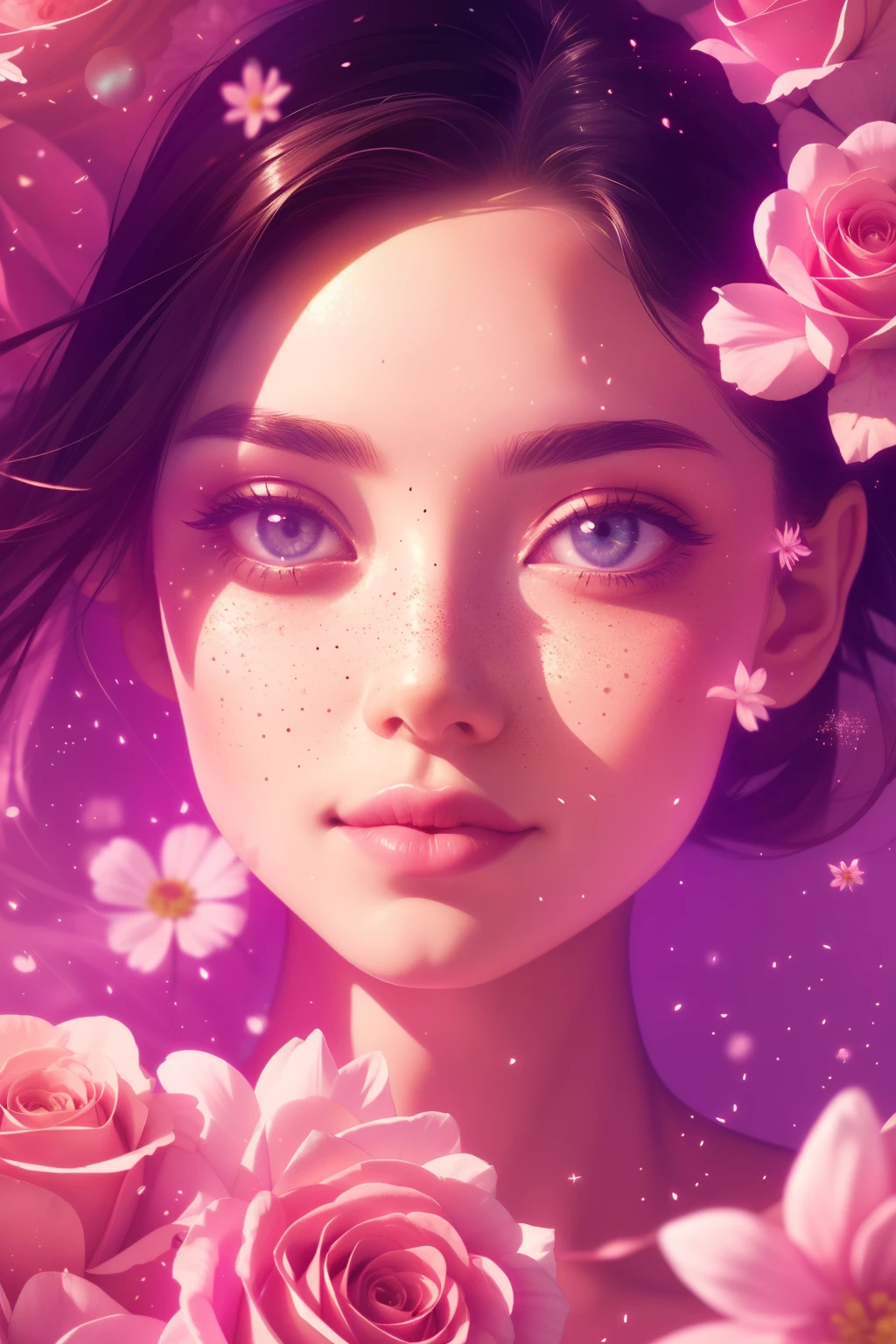 (This is a beautiful, intricate, (romatic) fantasy image that emphasizes beauty and grace.) Generate a blind curvy woman with soft natural freckles. Her face is important and should be (perfectly formed) with (beautiful puffy lips) and (perfect features). There is a cute freckle birthmark on her lip. The image exudes ethereal beauty and soft fantasy, with shimmering shades of pink throughout. Surround her with eternal roses in shimmering shades. Ensure perfection in her face, hair, and eyes. Include sweet and detailed birds and soft, luminous flowers and detailed roses. Utilize dynamic composition and dramatic lighting and cinematic lighting to create an interesting fantasy image. The background of the image is interesting and ultra-detailed, with soft fantasy lighting and gradients. Include fantasy details, cute aura, colorful, colourful, and interesting magical background. The image's background is decorated in shades of pink, shimmer, glitter, and fantasy details like colored bubbles and cosmos. Include subtle freckles, natural freckles and a diffused realistic skin tone. Incorporate elements of high fantasy, whimsy, and detailed elegance. English rose, princess, courtesan, noblewoman, sweet, lovely, calm, lovely, shimmering, glimmering, glittering, astrological fantasy, (((masterpiece))), (highest quality), magic rose, fantasy garden, beautiful face, perfect face, puffy lips, interesting, shy smile, fantasy elements, magic rose, beautiful eyes, perfect puffy lips, jewel tones, luminosity. Taken with a canon camera.