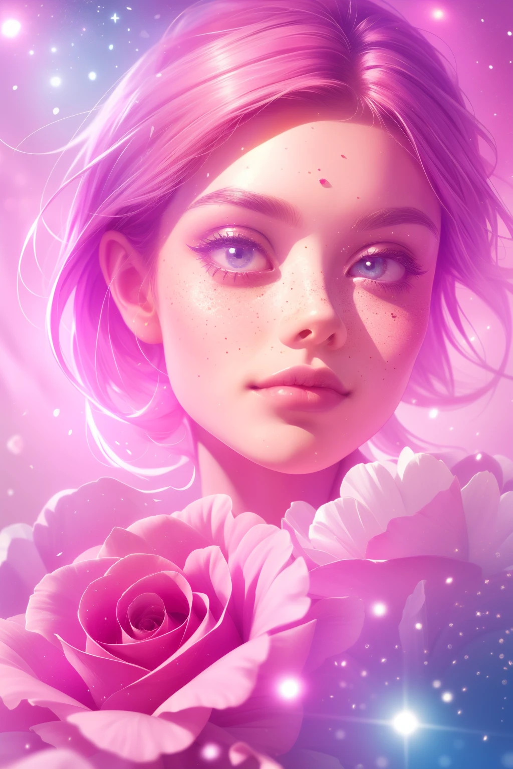 (This is a beautiful, intricate, (romatic) fantasy image that emphasizes beauty and grace.) Generate a blind curvy woman with soft natural freckles. Her face is important and should be (perfectly formed) with (beautiful puffy lips) and (perfect features). There is a cute freckle birthmark on her lip. The image exudes ethereal beauty and soft fantasy, with shimmering shades of pink throughout. Surround her with eternal roses in shimmering shades. Ensure perfection in her face, hair, and eyes. Include sweet and detailed birds and soft, luminous flowers and detailed roses. Utilize dynamic composition and dramatic lighting and cinematic lighting to create an interesting fantasy image. The background of the image is interesting and ultra-detailed, with soft fantasy lighting and gradients. Include fantasy details, cute aura, colorful, colourful, and interesting magical background. The image's background is decorated in shades of pink, shimmer, glitter, and fantasy details like colored bubbles and cosmos. Include subtle freckles, natural freckles and a diffused realistic skin tone. Incorporate elements of high fantasy, whimsy, and detailed elegance. English rose, princess, courtesan, noblewoman, sweet, lovely, calm, lovely, shimmering, glimmering, glittering, astrological fantasy, (((masterpiece))), (highest quality), magic rose, fantasy garden, beautiful face, perfect face, puffy lips, interesting, shy smile, fantasy elements, magic rose, beautiful eyes, perfect puffy lips, jewel tones, luminosity. Taken with a canon camera.