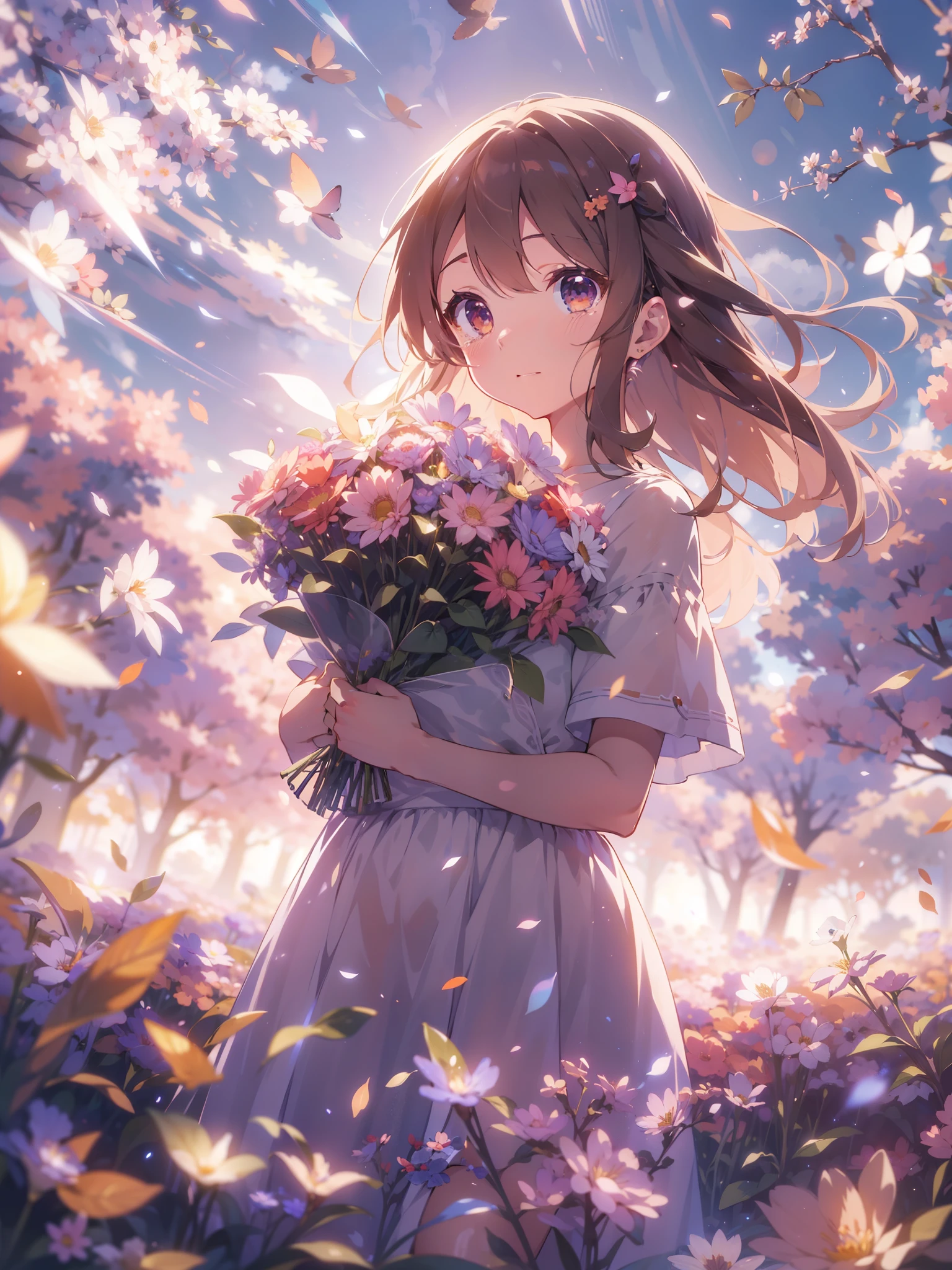 anime,depth of field, cinematic lighting, lens flare, f/1.2,(masterpiece:1.2),(high definition),Flower Field、Girl with a bouquet of flowers、Tears of joy、Petals fluttering、Light effects、An emotional photo、Filled with kindness