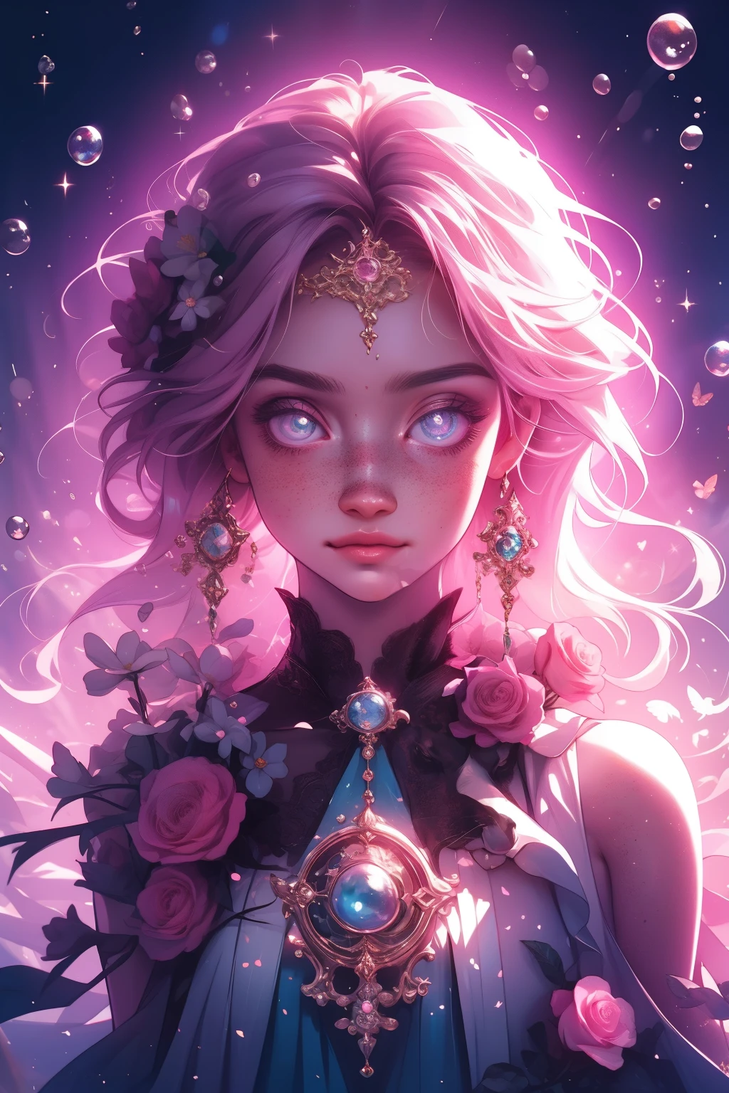 (This is a beautiful, intricate, (romatic) fantasy image that emphasizes beauty and grace.) Generate a blind curvy woman with soft natural freckles. Her face is important and should be (perfectly formed) with (beautiful puffy lips) and (perfect features). There is a cute freckle birthmark on her lip. The image exudes ethereal beauty and soft fantasy, with shimmering shades of pink throughout. Surround her with eternal roses in shimmering shades. Ensure perfection in her face, hair, and eyes. Include sweet and detailed birds and soft, luminous flowers and detailed roses. Utilize dynamic composition and dramatic lighting and cinematic lighting to create an interesting fantasy image. The background of the image is interesting and ultra-detailed, with soft fantasy lighting and gradients. Include fantasy details, cute aura, colorful, colourful, and interesting magical background. The image's background is decorated in shades of pink, shimmer, glitter, and fantasy details like colored bubbles and cosmos. Include subtle freckles, natural freckles and a diffused realistic skin tone. Incorporate elements of high fantasy, whimsy, and detailed elegance. English rose, princess, courtesan, noblewoman, sweet, lovely, calm, lovely, shimmering, glimmering, glittering, astrological fantasy, (((masterpiece))), (highest quality), magic rose, fantasy garden, beautiful face, perfect face, puffy lips, interesting, shy smile, fantasy elements, magic rose, beautiful eyes, perfect puffy lips, jewel tones, luminosity. Taken with a canon camera.