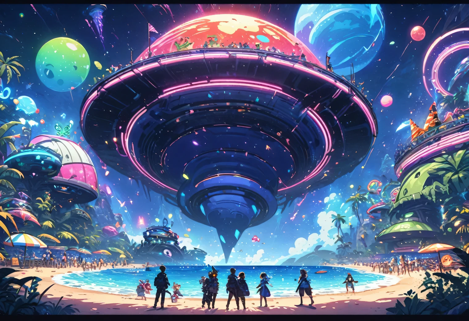 Beach party, night, alien planet, alien fauna, alien sea beach, alien technology, alien planets and unknown constellations in the night sky, fantastic Beach Party on an alien planet, alien fantastic scenery and stage, alien beach party lights, ultraviolet, neon, strobe, cinematic frame, extremely detailed, (hand-drawn style cartoon)