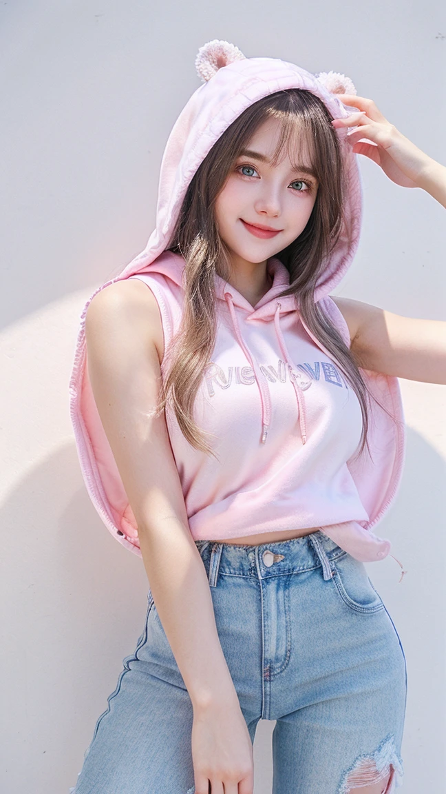 Gorgeus Girl, Beautiful, Baby Face, 20 Years Old, White Skin, Colossal Breasts, ((Side Pose)), ((pink hoodie sleeveless)), Pastel Colour, Blue Eye, Halloween Background, Masterpiece, silver messy long Hair, Sleeveless, beautiful smile , short denim pants, attractive, seductive, armpit