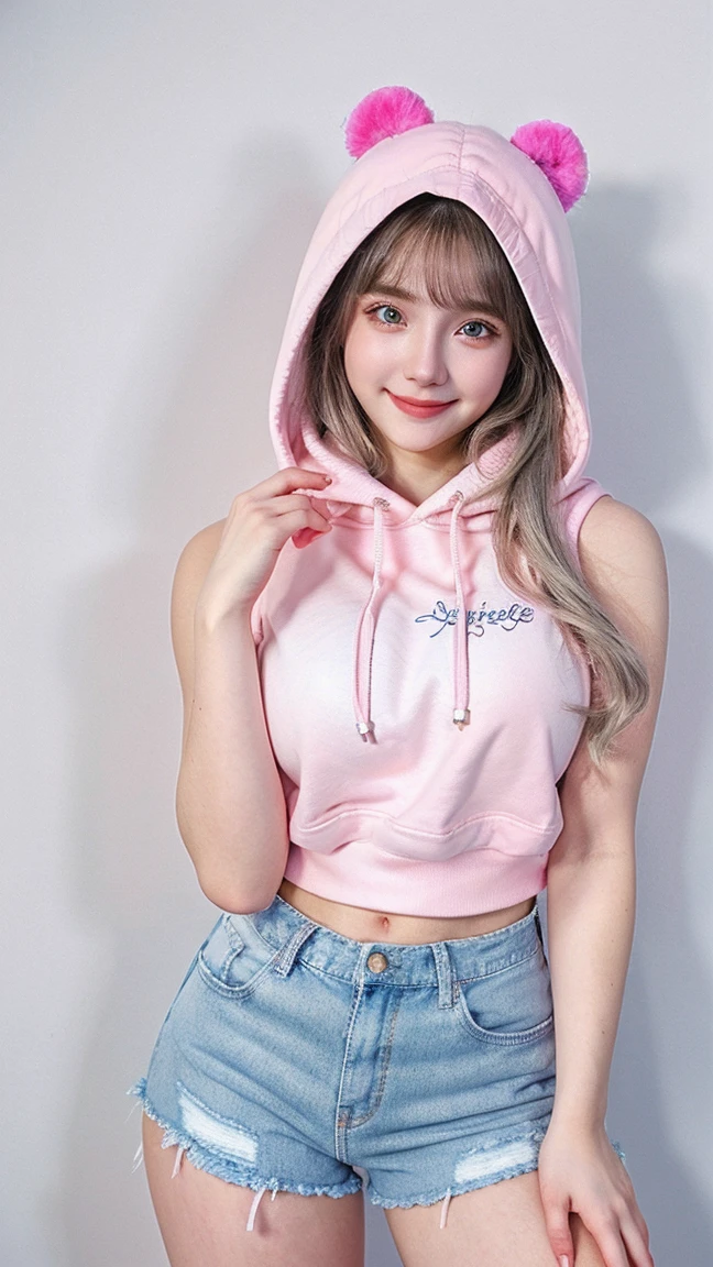 Gorgeus Girl, Beautiful, Baby Face, 20 Years Old, White Skin, Colossal Breasts, ((Side Pose)), ((pink hoodie sleeveless)), Pastel Colour, Blue Eye, Halloween Background, Masterpiece, silver messy long Hair, Sleeveless, beautiful smile , short denim pants, attractive, seductive, armpit