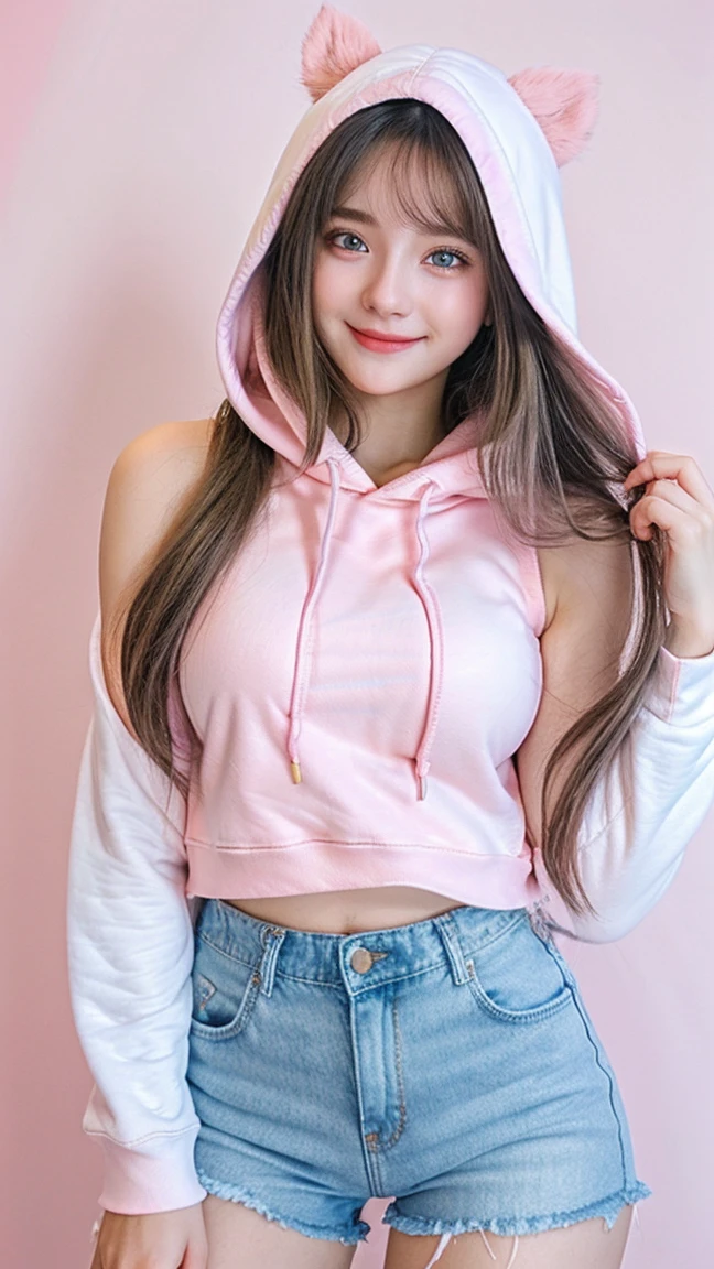 Gorgeus Girl, Beautiful, Baby Face, 20 Years Old, White Skin, Colossal Breasts, ((Side Pose)), ((pink hoodie sleeveless)), Pastel Colour, Blue Eye, Halloween Background, Masterpiece, silver messy long Hair, Sleeveless, beautiful smile , short denim pants, attractive, seductive, armpit