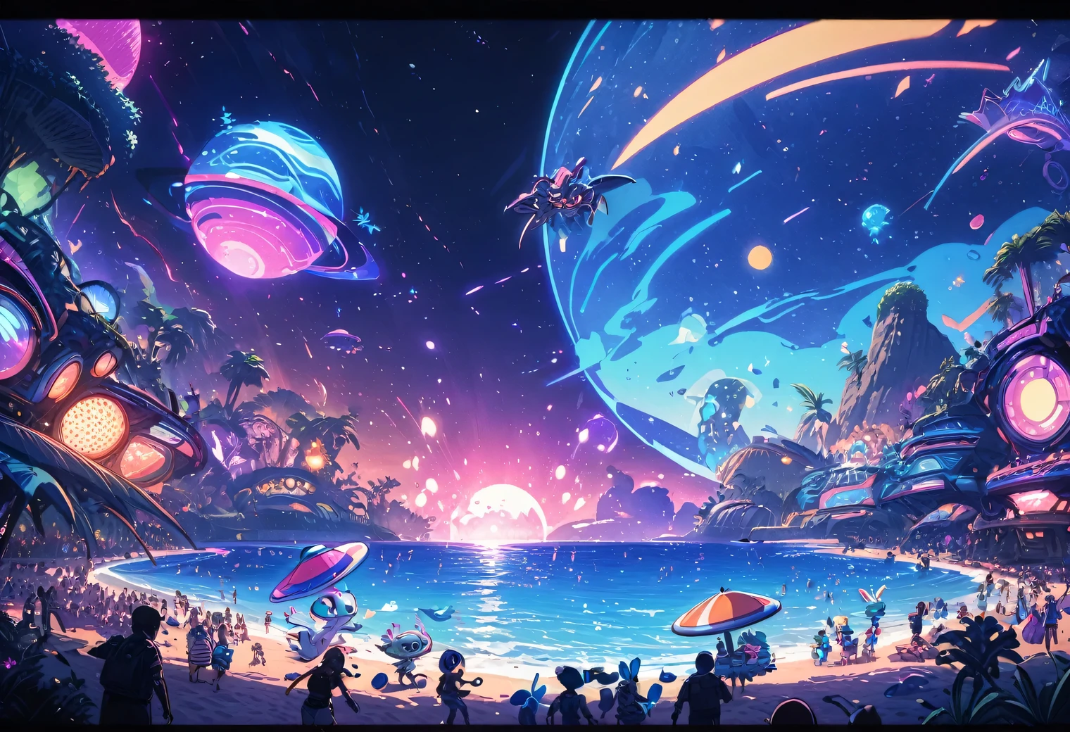 Beach party, night, alien planet, alien fauna, alien sea beach, alien technology, alien planets and unknown constellations in the night sky, fantastic Beach Party on an alien planet, alien fantastic scenery and stage, alien beach party lights, ultraviolet, neon, strobe, cinematic frame, extremely detailed, (hand-drawn style cartoon)