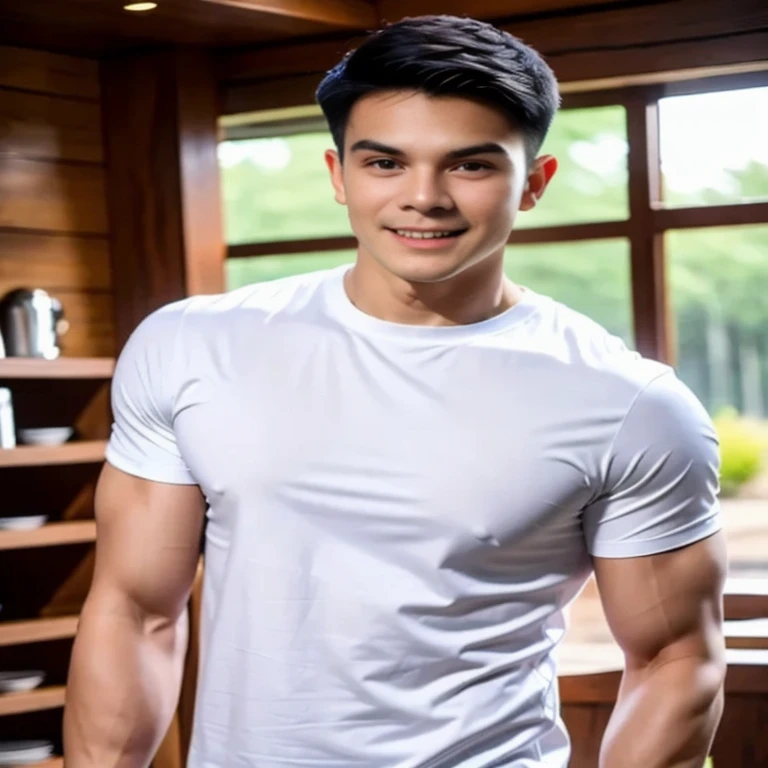 Aaraf in a white shirt stood in the kitchen., Asian man, wearing The shirt is tight., The shirt is tight., Handsome Chad Chin, Inspired by Adam Dario Kiel, Damian Tran, Niwan Chandra, model, Medium shot of the big man., Thawan Duchanee, handsome man, A thin man with light tan skin., Ramil Sunga