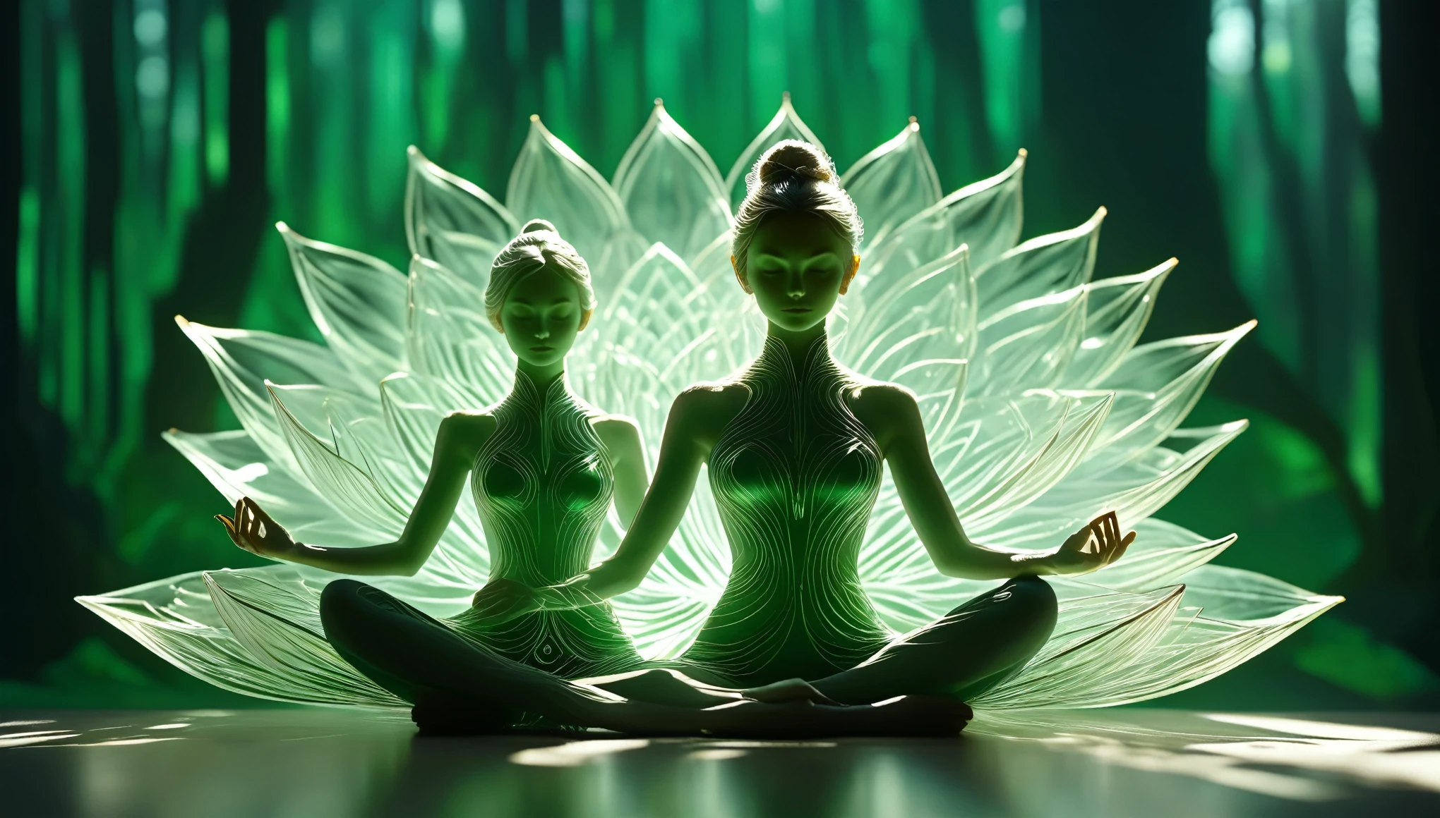 high resolution meditation, Ultra Detailed, (1 girl:1.3),(lotus),golden,BREAK Sunlight, reverberation, Experimental photography, Surreal contrasts, Eye-Catching Visuals, Artistic abstraction,
Break the art of cutting, layered silhouette, complex pattern, exquisite craft, shadow play, Depth and size, creative expression,
break art, Frozen sculpture, translucent form, short-lived beauty, Crystal structure, exquisite craft, touching, lotus pose,
break green eye,body glow,Glowing Line,fluorescence,Glow Example,Tracking example,flash,萤light particles,Backlight,translucent,light particles