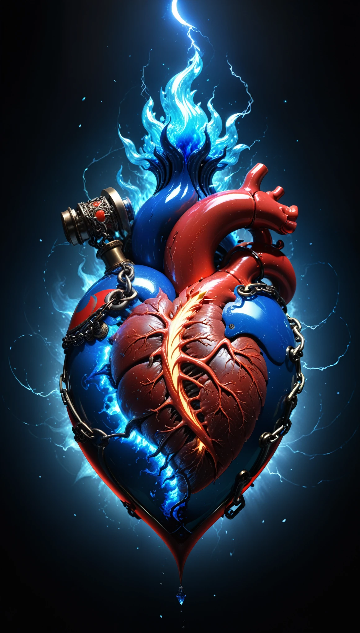 in style of John Bauer,in style of Karol Bak,
conceptual design of the transparent glass human heart (organ),(a glowing glass heart (organ) entangle in a metal chain and lightning bolt:1.3),(blue fire heart (organ) closeup:1.4),(blue fire draws lines:1.6),
(the red crescent moon background:1.4),sharp,sharp image,(insanely detailed and intricate, hypermaximalist, elegant, ornate, hyper realistic, super detailed:1.1),extremely detailed,Amazing resolution,8k,Ray Tracing,masterpiece,Particle Effects,Beautiful Effects,
BREAK
(darkness:1.4),(extreme shadows:1.4),(Best Shadow:1.4),dark atmosphere,