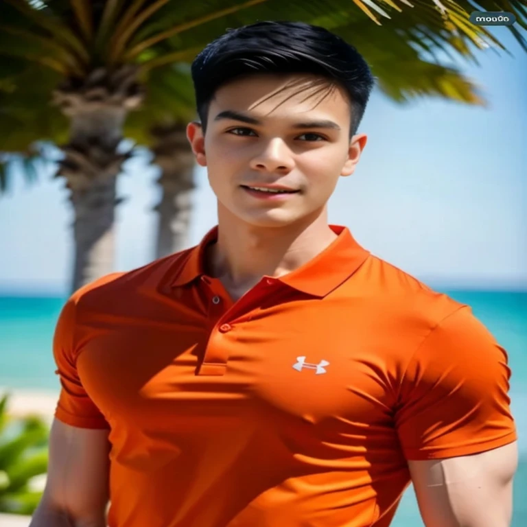 Close-up of a man wearing an orange shirt standing near a palm tree., David Marquez, Damian Tran, Rick Dai, Christian Orrillo, inspired By Robbie Trevino, headshot Profile pictureture, wearing a polo shirt, Asian man, by Andrée Ruellan, By Robbie Trevino, Wear an orange T-shirt., Profile picture, Darren Quach, professional Profile pictureture