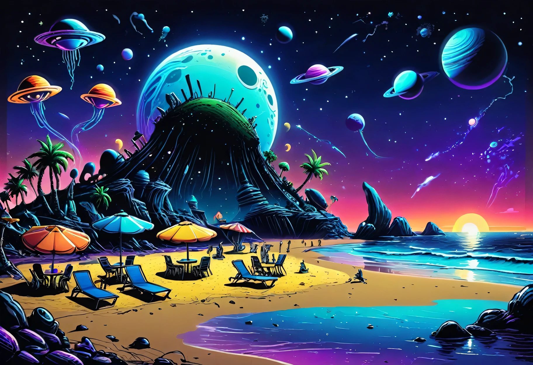 Beach party, night, alien planet, alien fauna, alien sea beach, alien technology, alien planets and unknown constellations in the night sky, fantastic Beach Party on an alien planet, alien fantastic scenery and stage, alien beach party lights, ultraviolet, neon, strobe, cinematic frame, extremely detailed, (hand-drawn style cartoon)